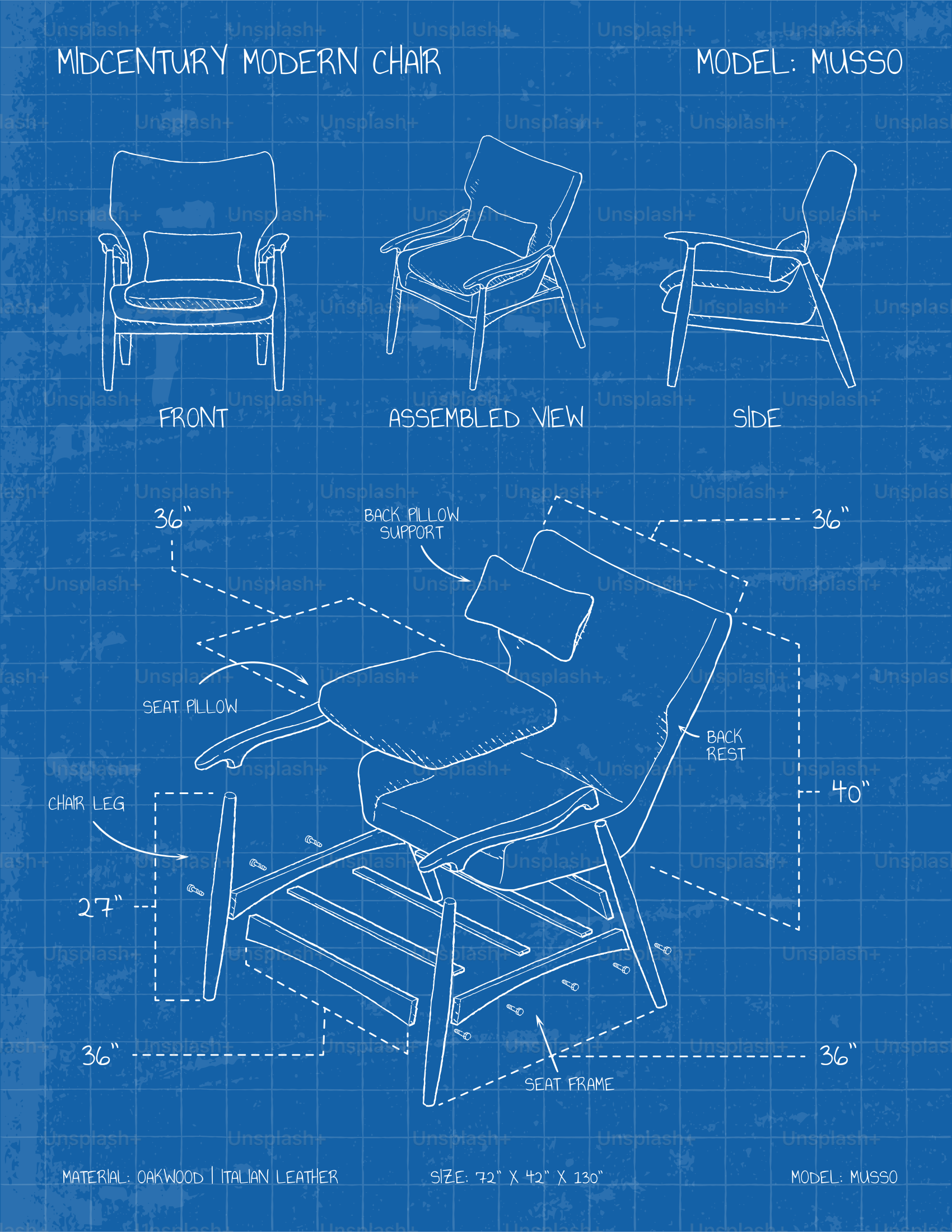 Blueprint of a midcentury modern chair with dimensions.