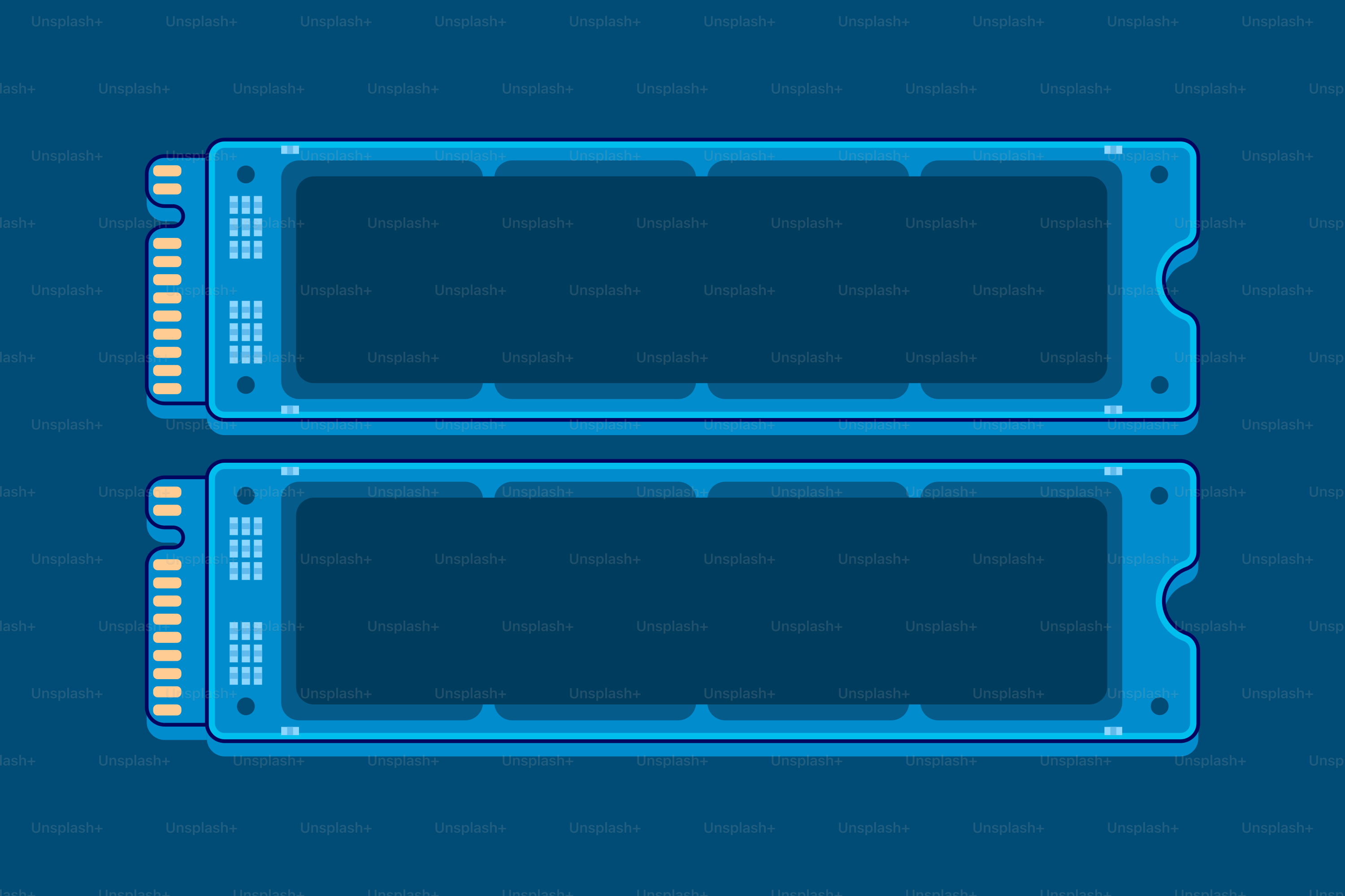 Two blue computer memory modules on dark blue background