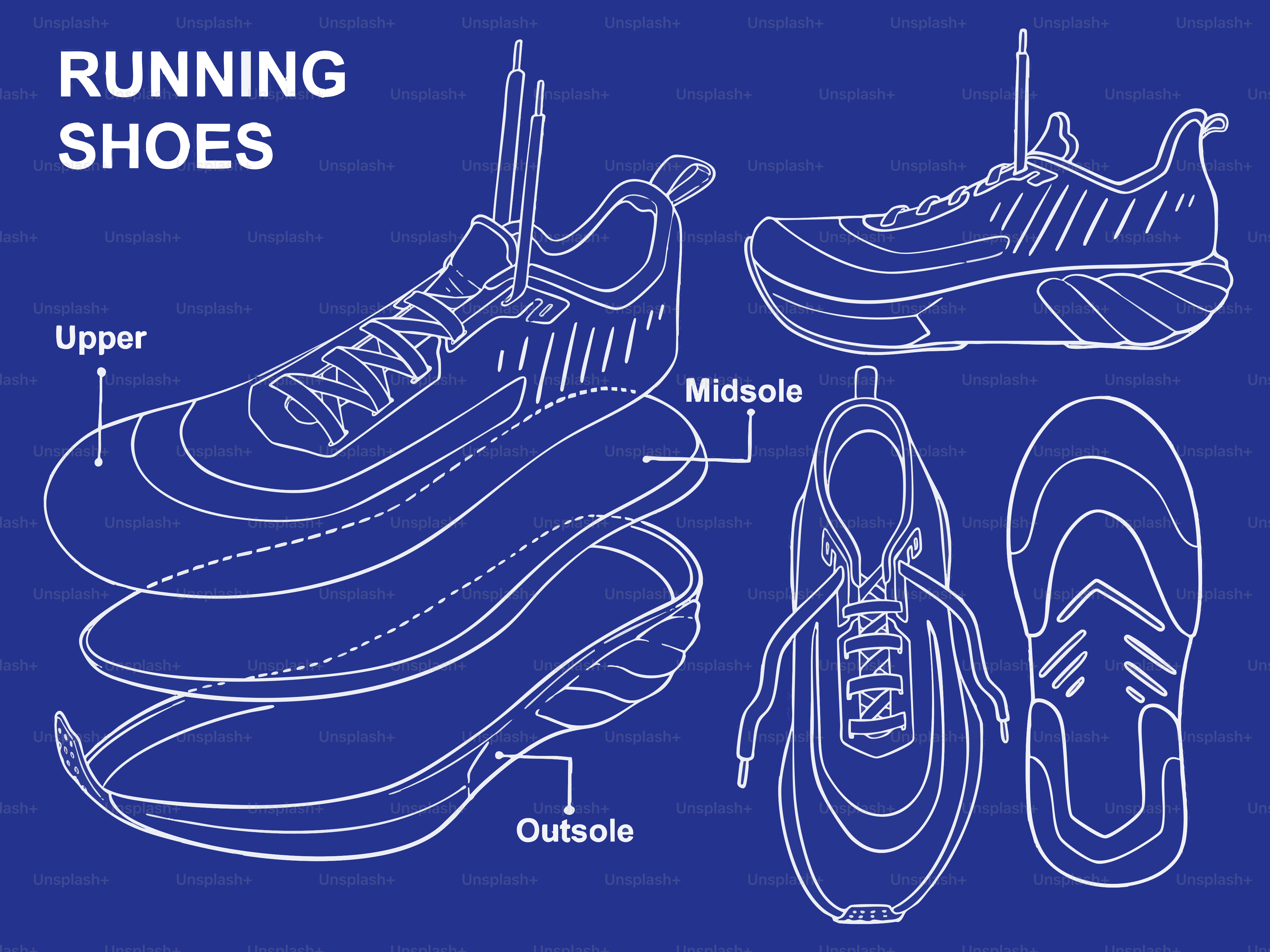 Exploded diagram of running shoes with labels.