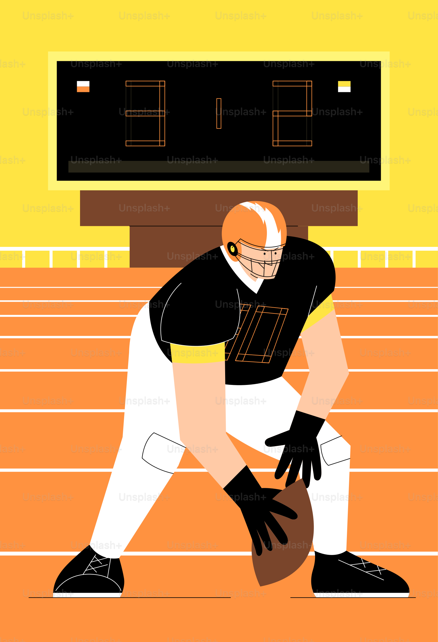 Football player in stance with scoreboard in background