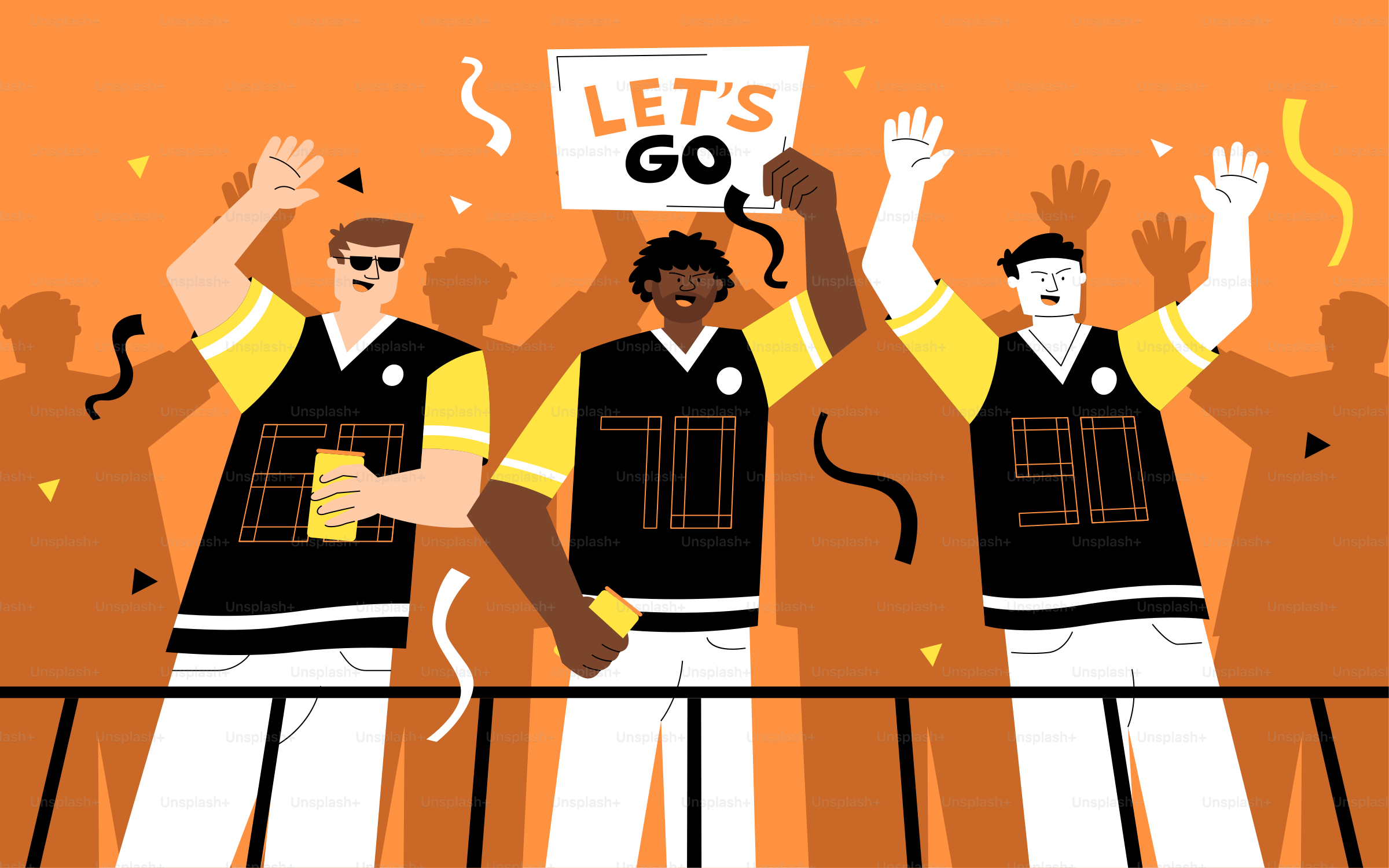 Three fans in jerseys cheer with a sign