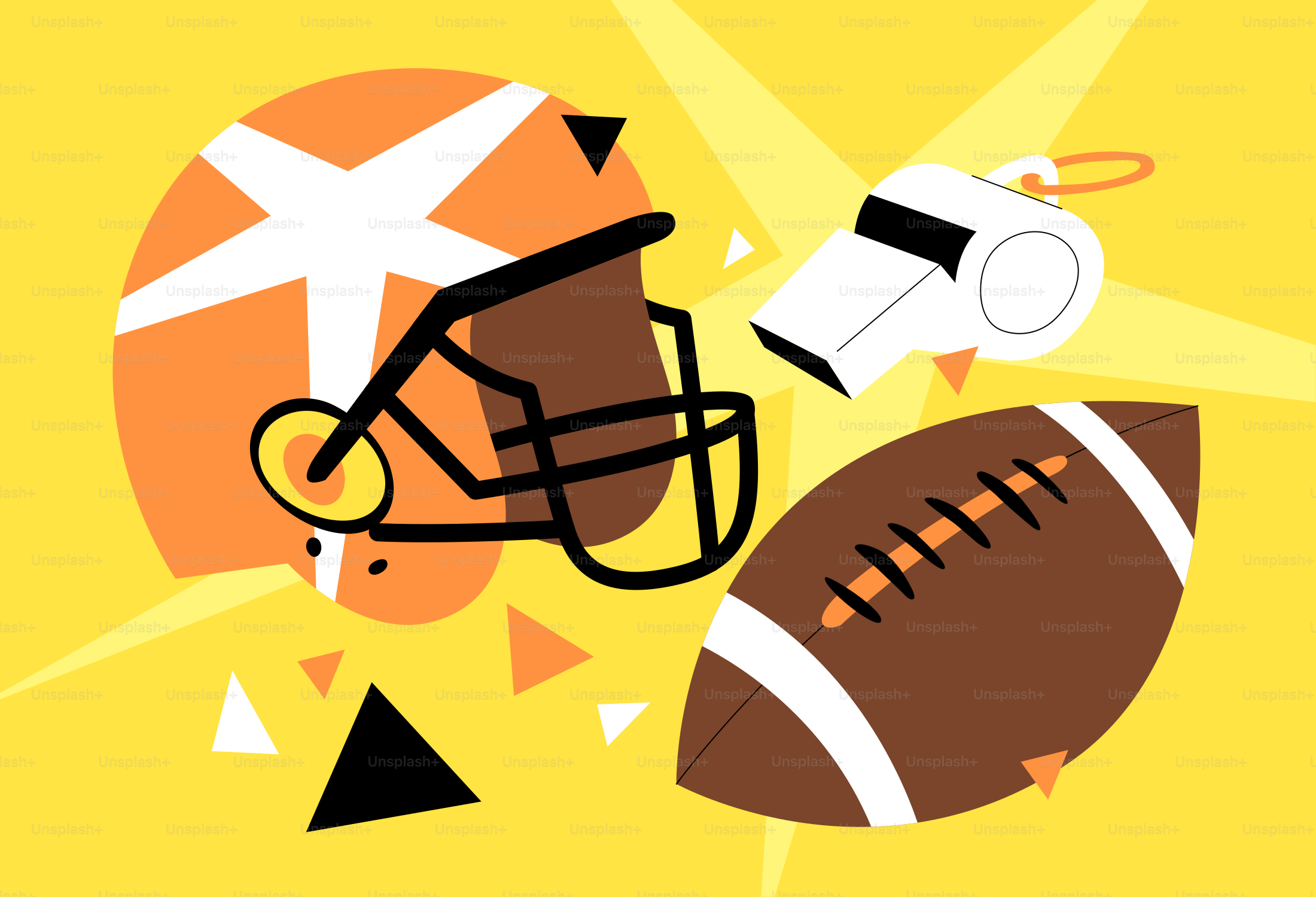 American football helmet, ball, and whistle on yellow background
