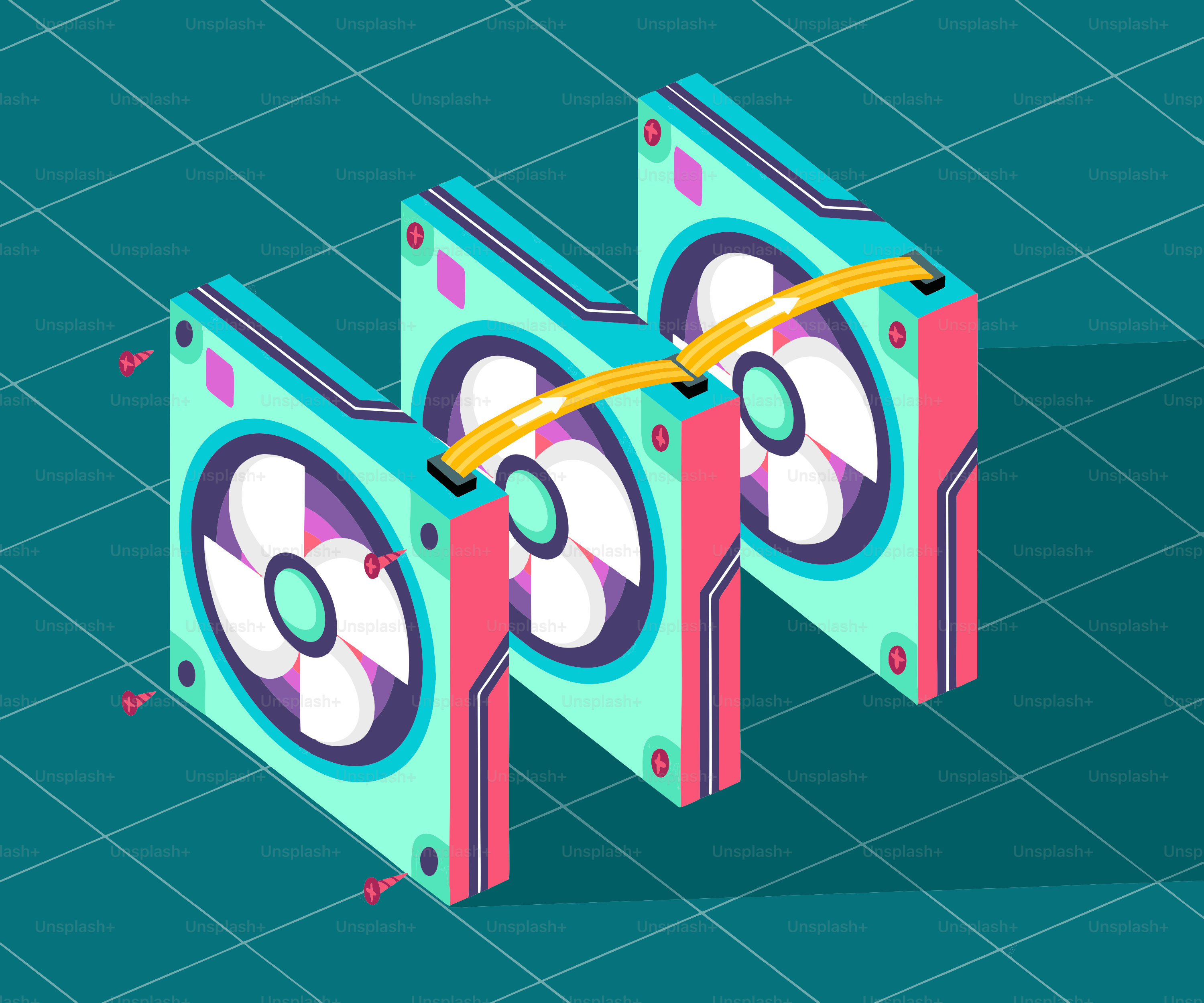 Três ventiladores de computador conectados por um fio amarelo.