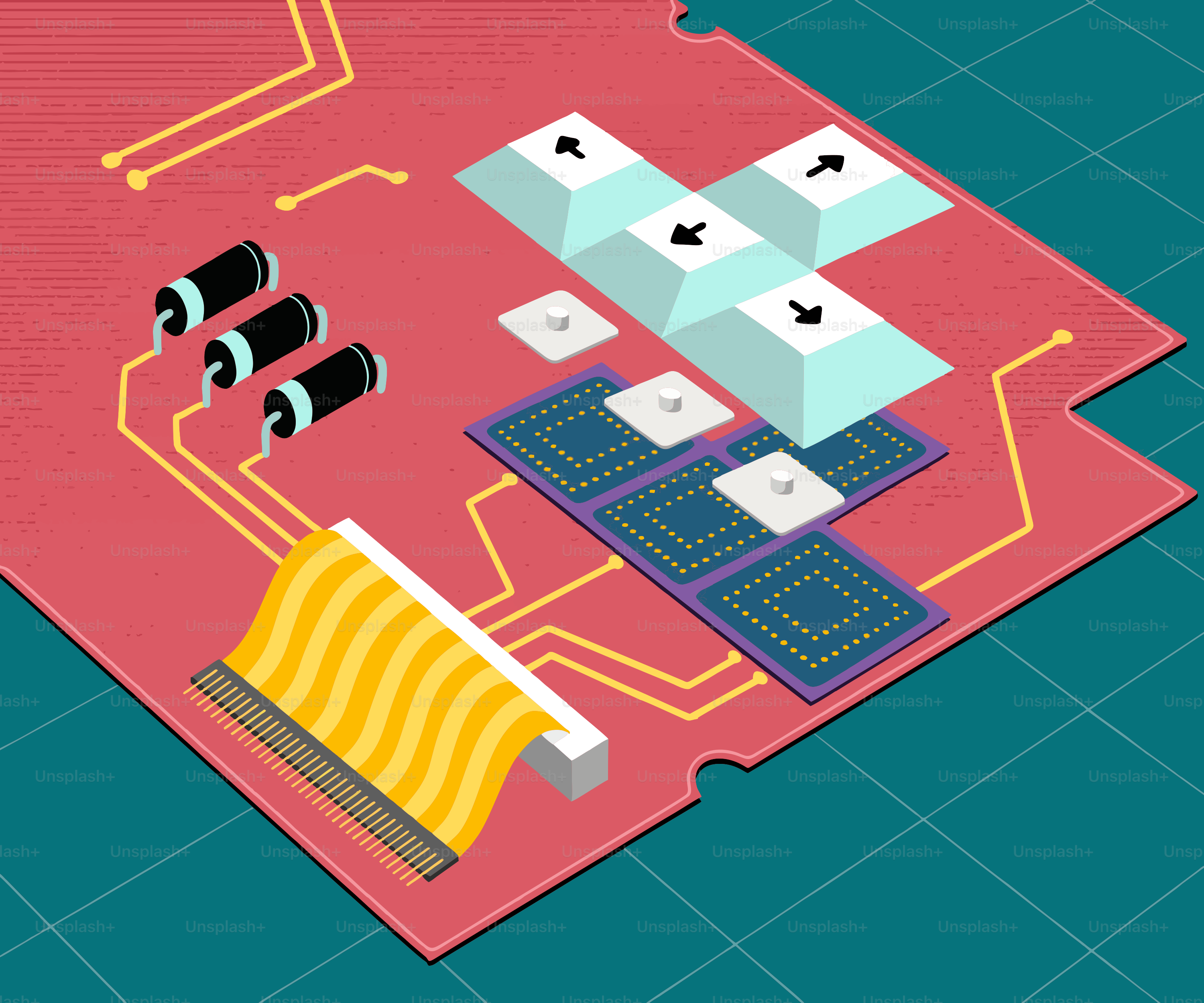 Close-up de uma placa de circuito com componentes e setas de teclas.