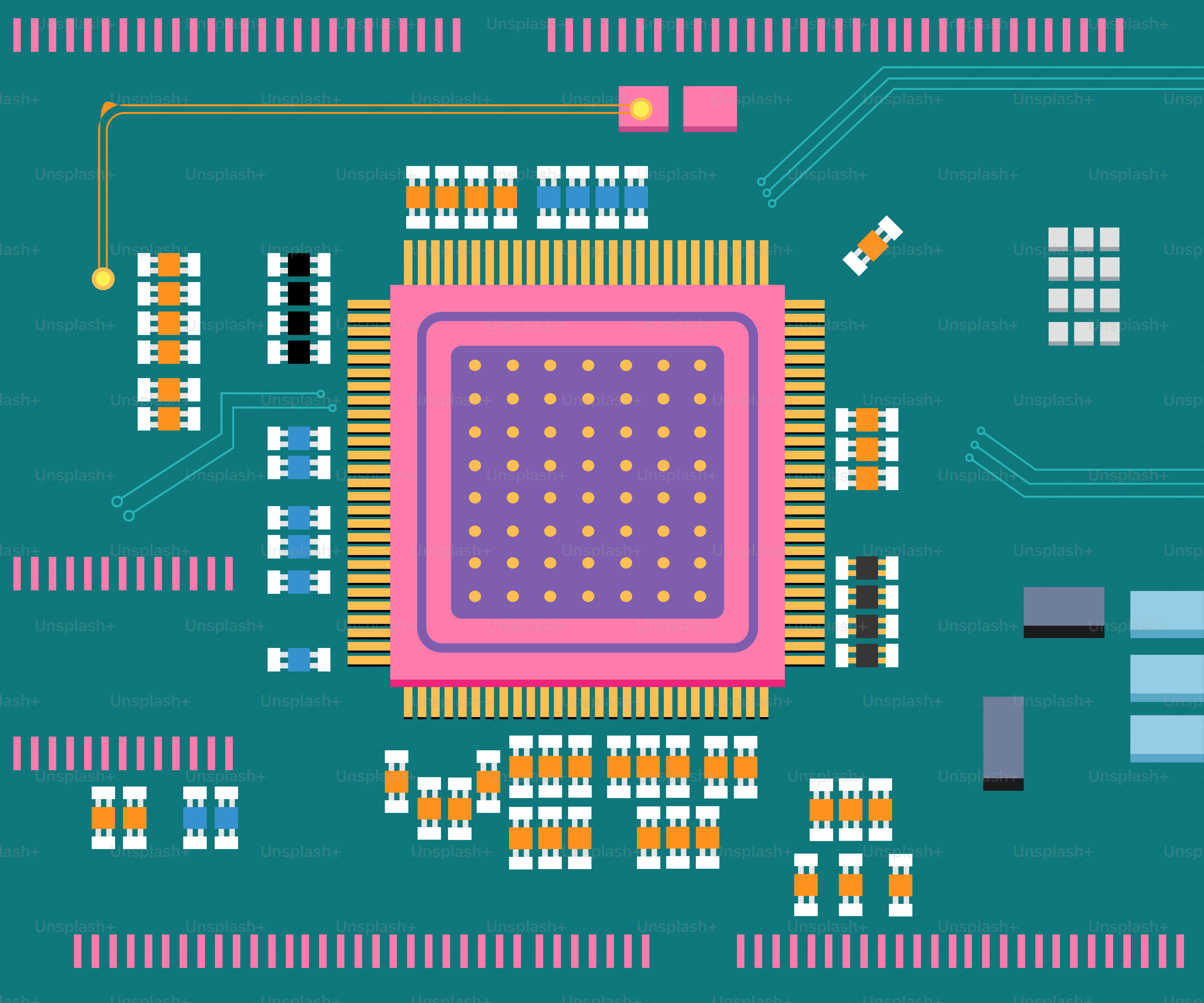 Close-up of a computer motherboard with a large central processor.
