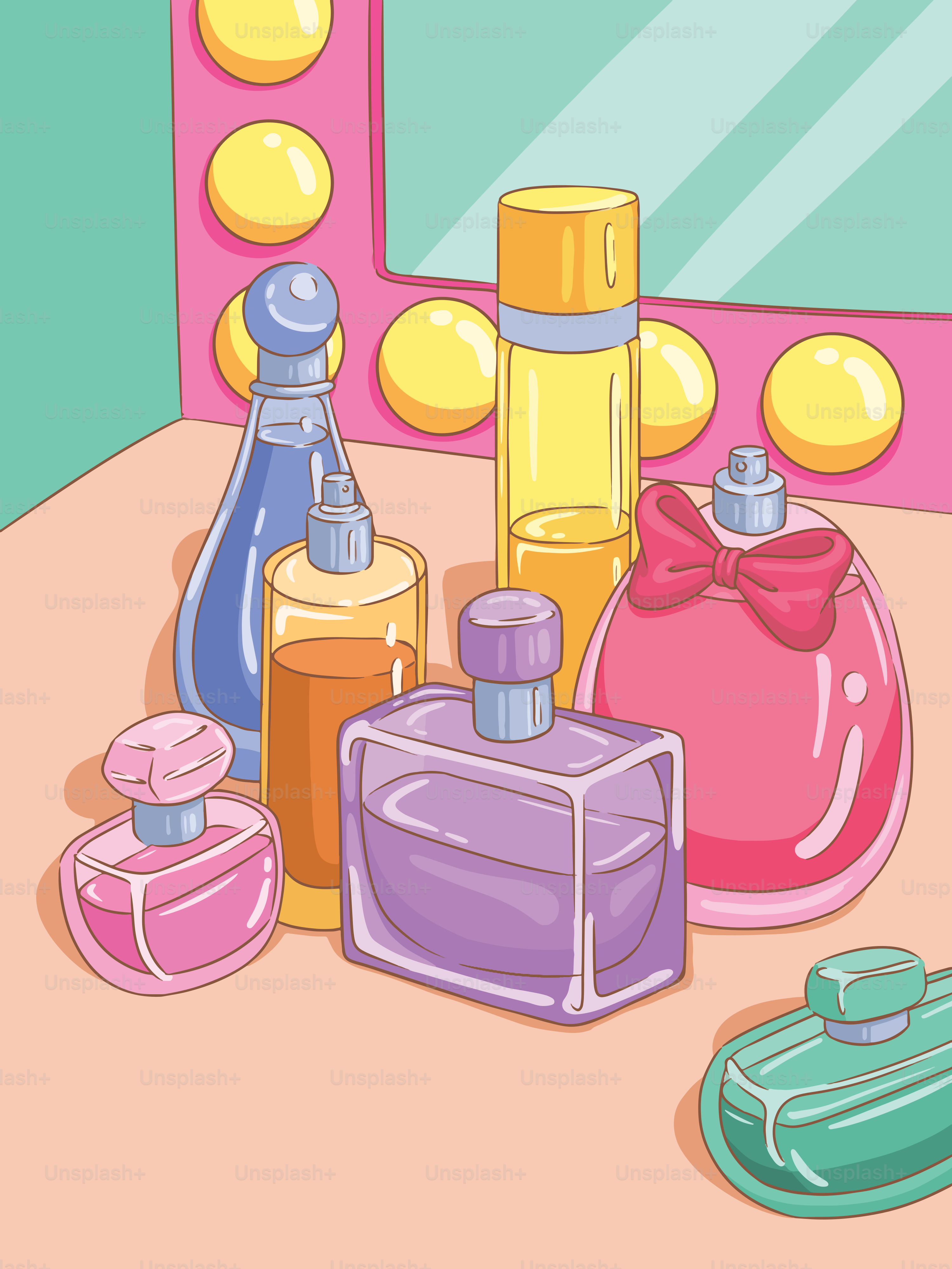 Assortment of colorful perfume bottles on vanity table.