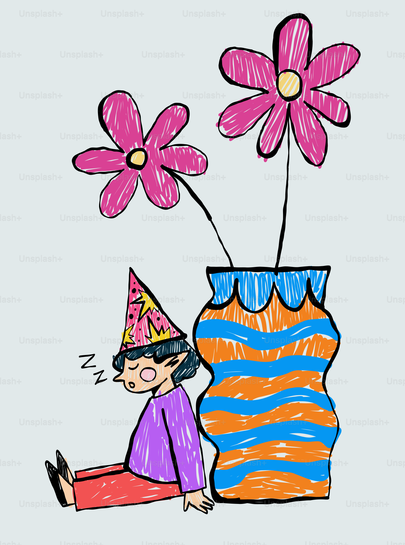 Un elfe endormi repose près d’un vase de fleurs.