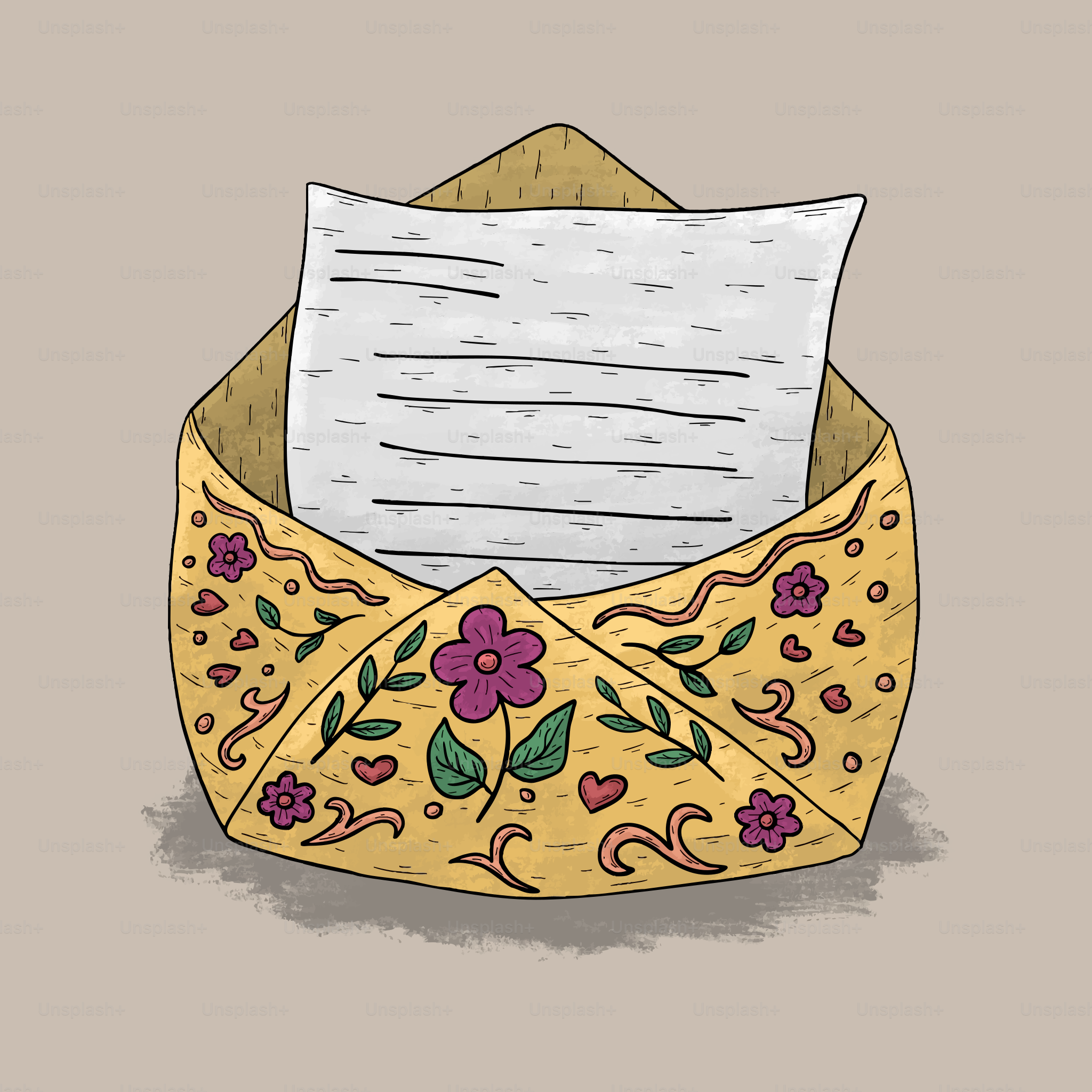 An open envelope with a letter and floral design