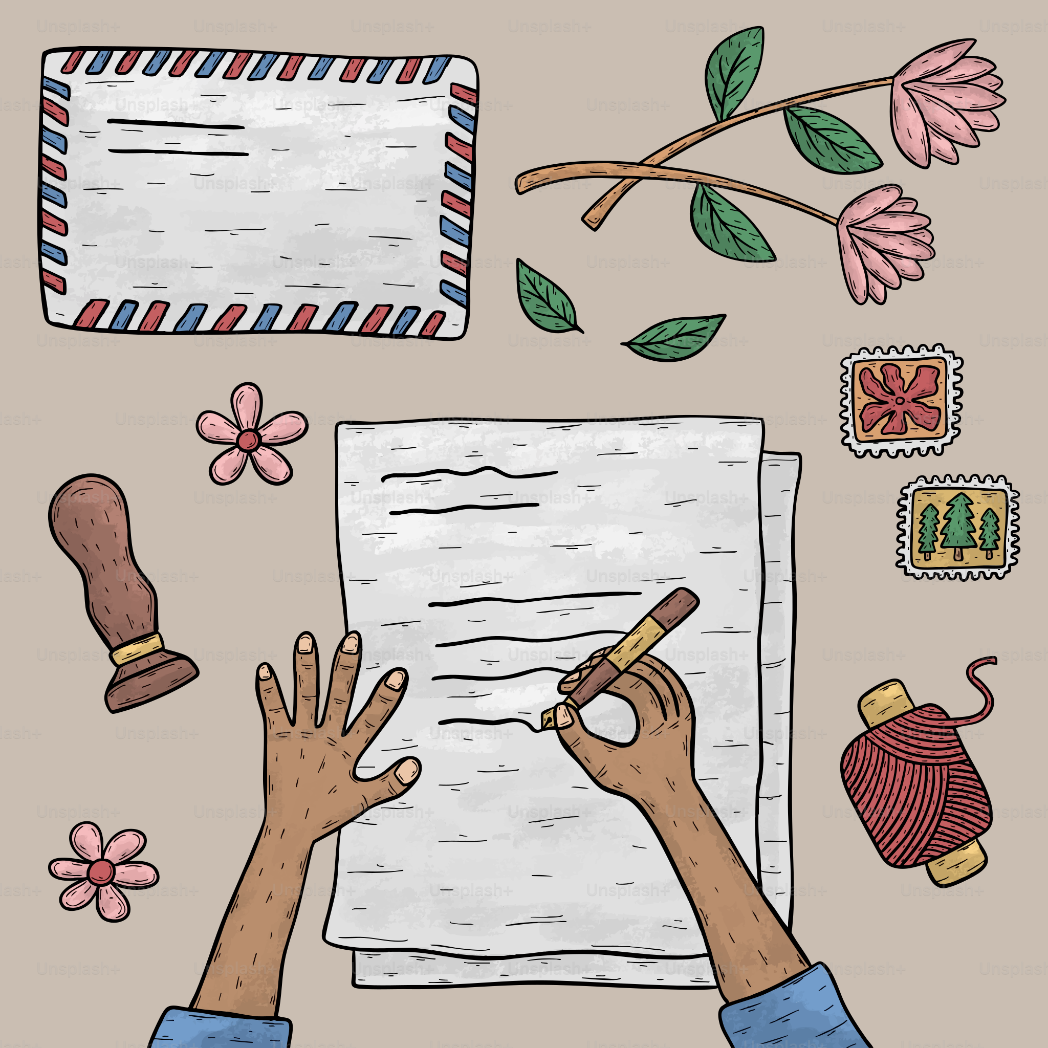 Mãos escrevendo uma carta com envelope e selos.