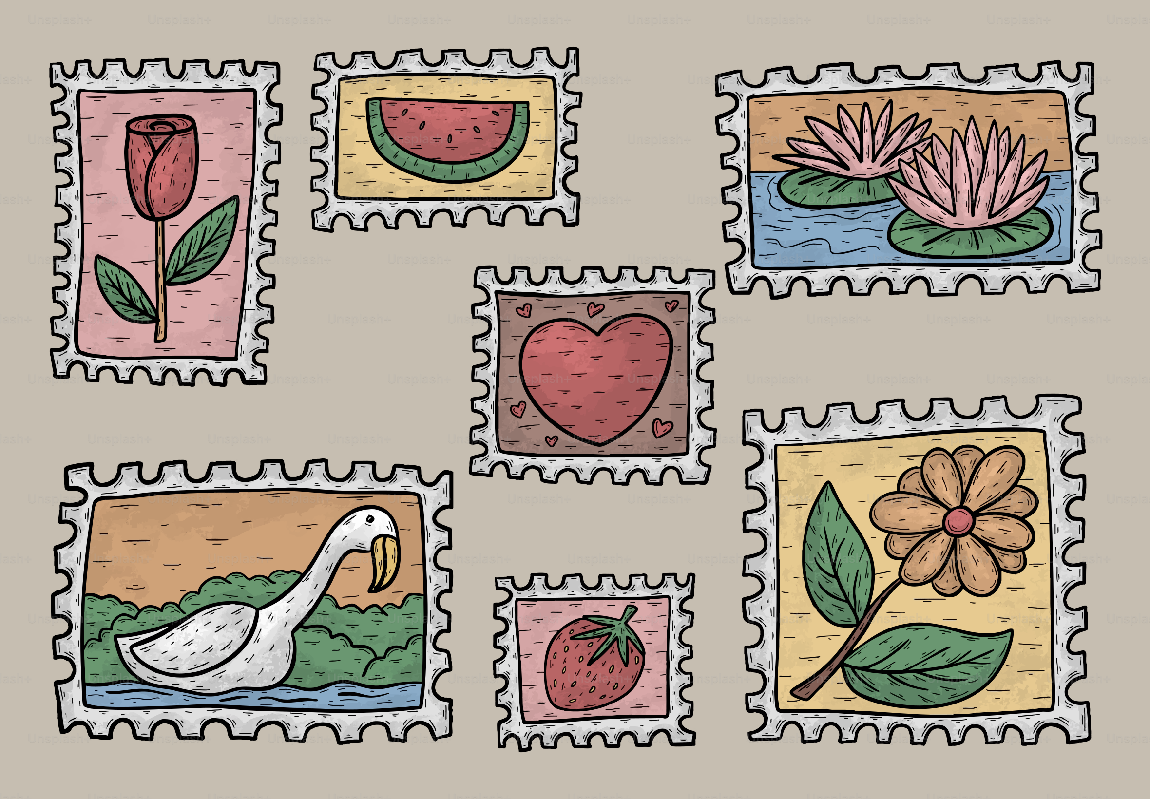Collection of seven illustrated postage stamps with various designs.