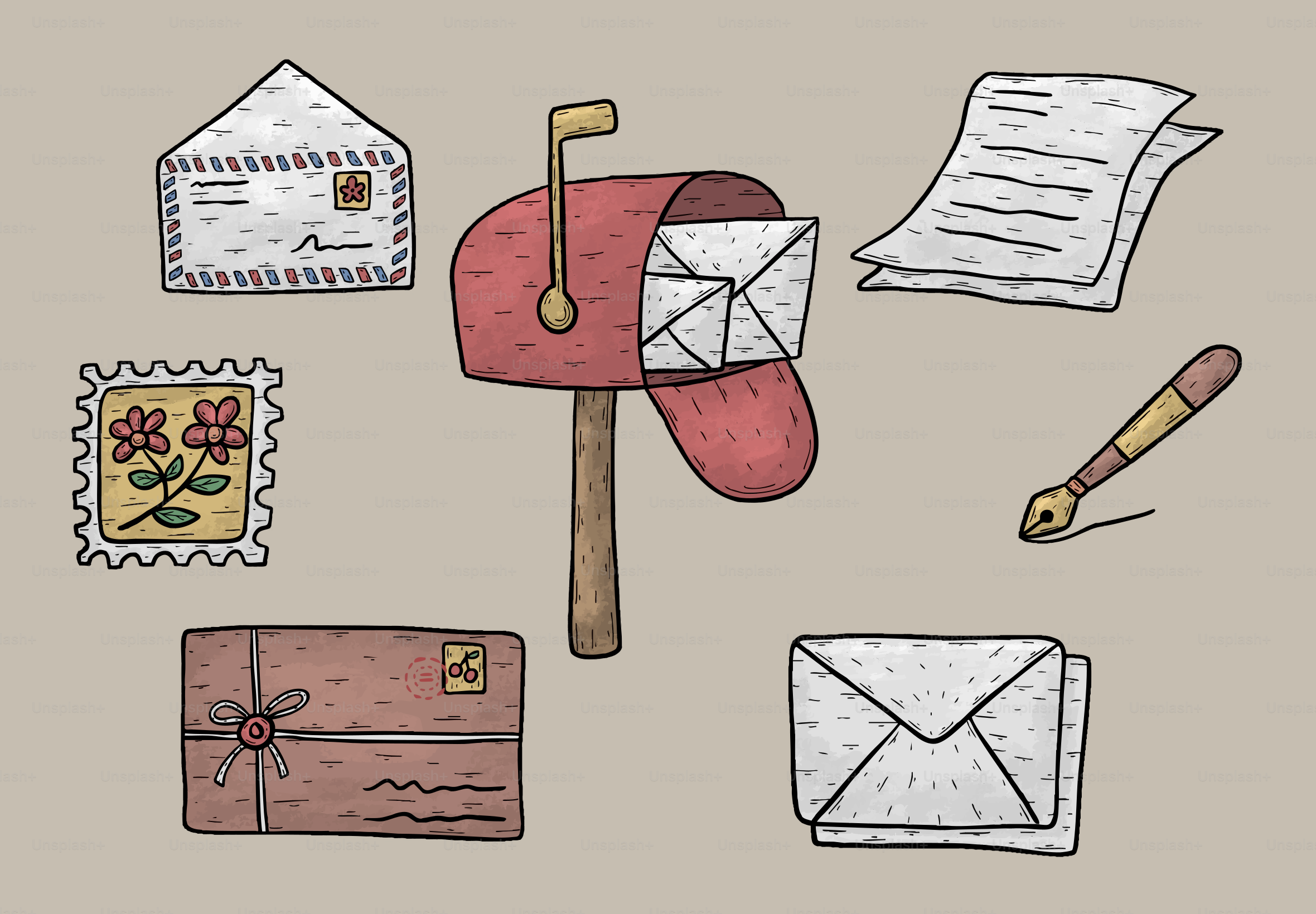 Mailbox, envelopes, stamp, and pen on neutral background