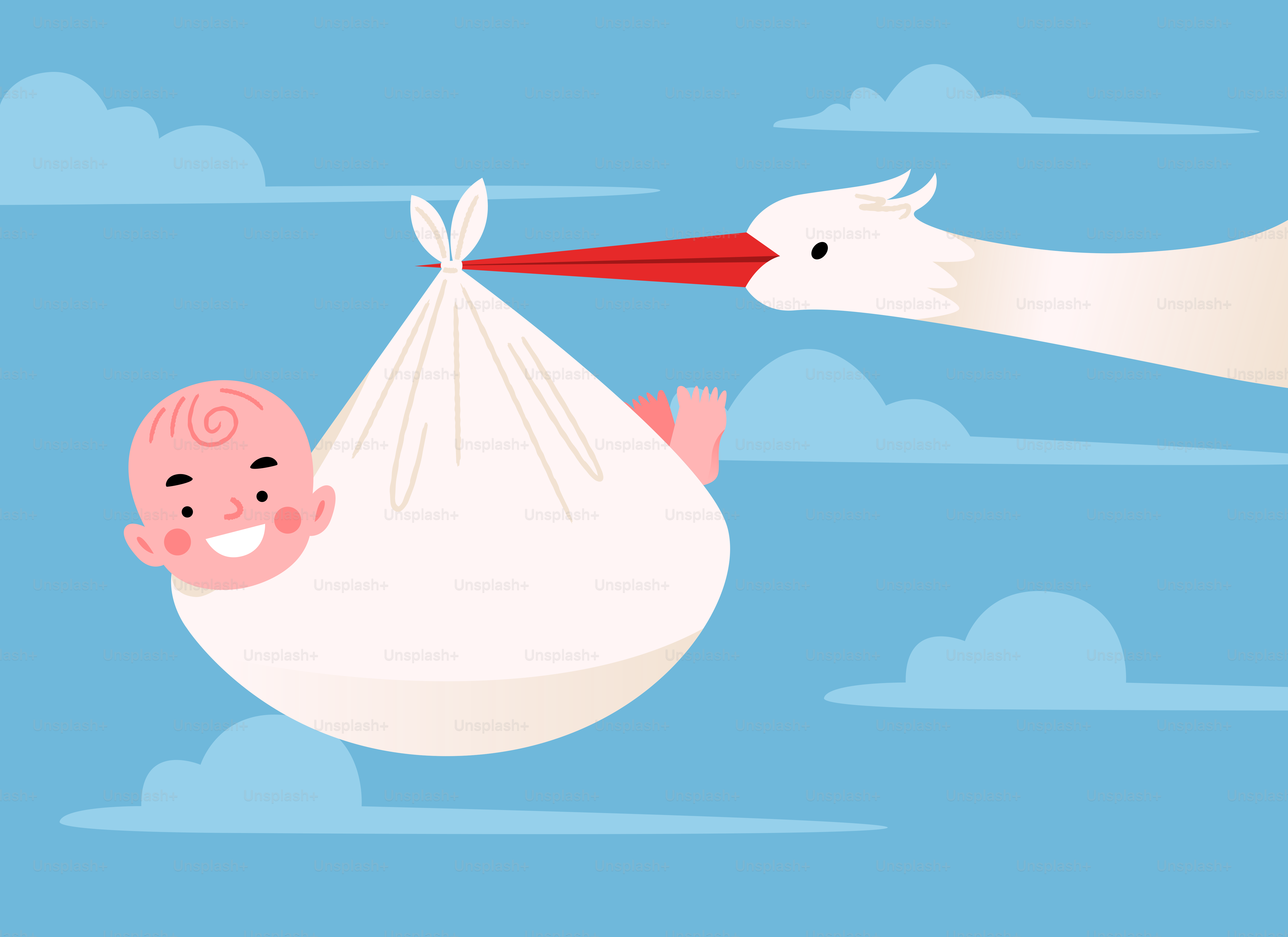 A stork carries a baby in a bundle.