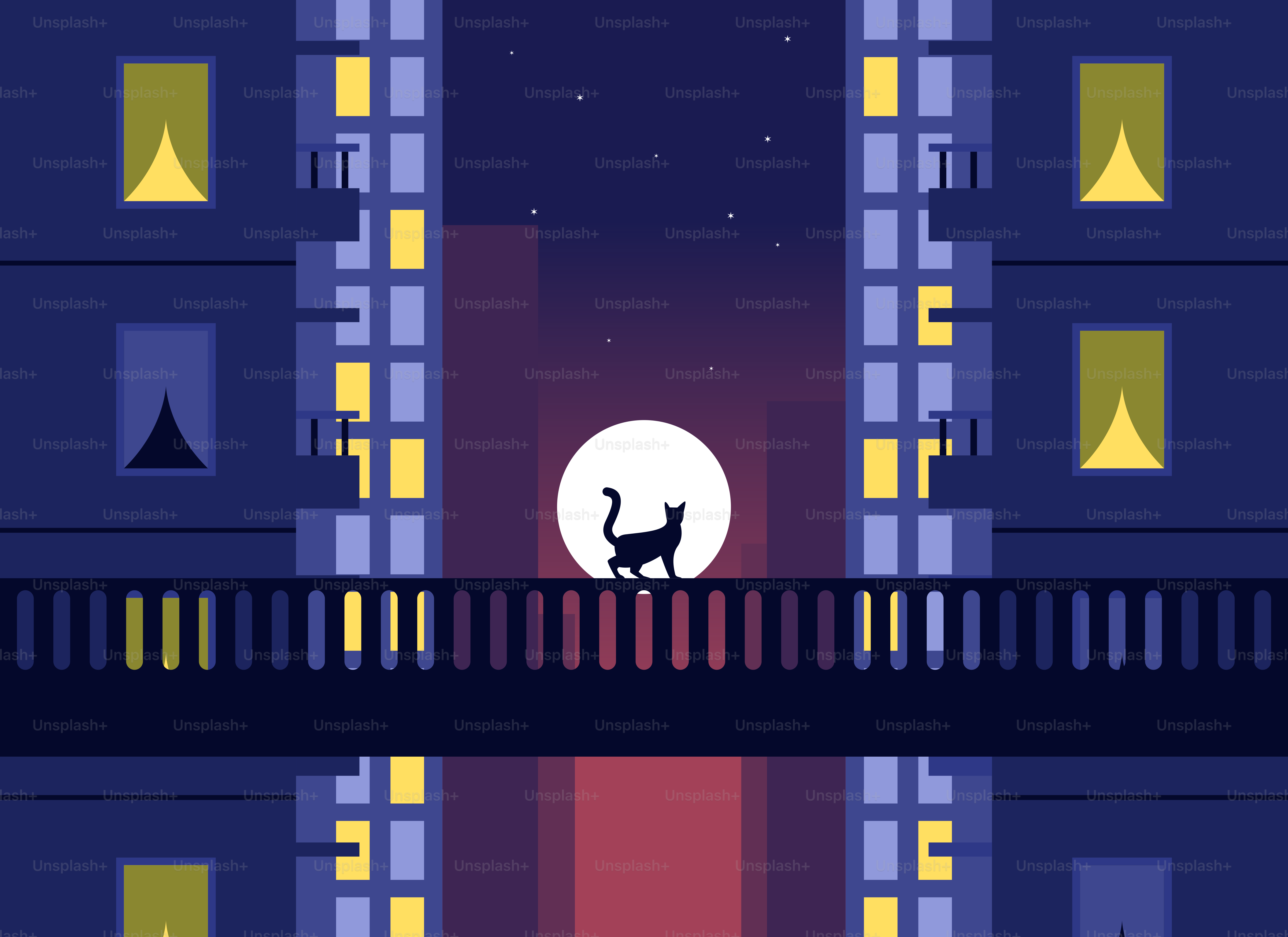 A black cat walks across a bridge at night.