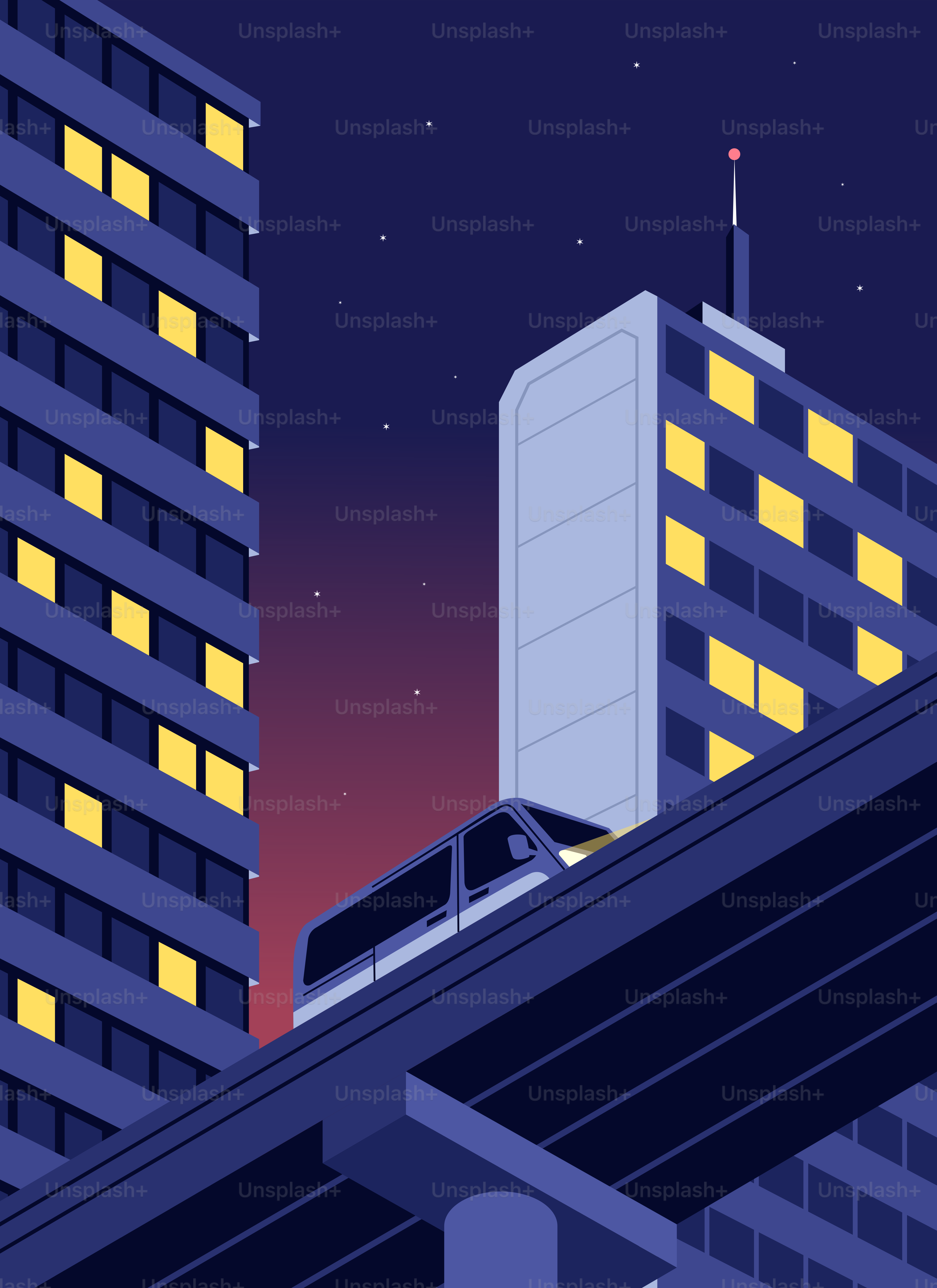 Monorail passes buildings at night with stars