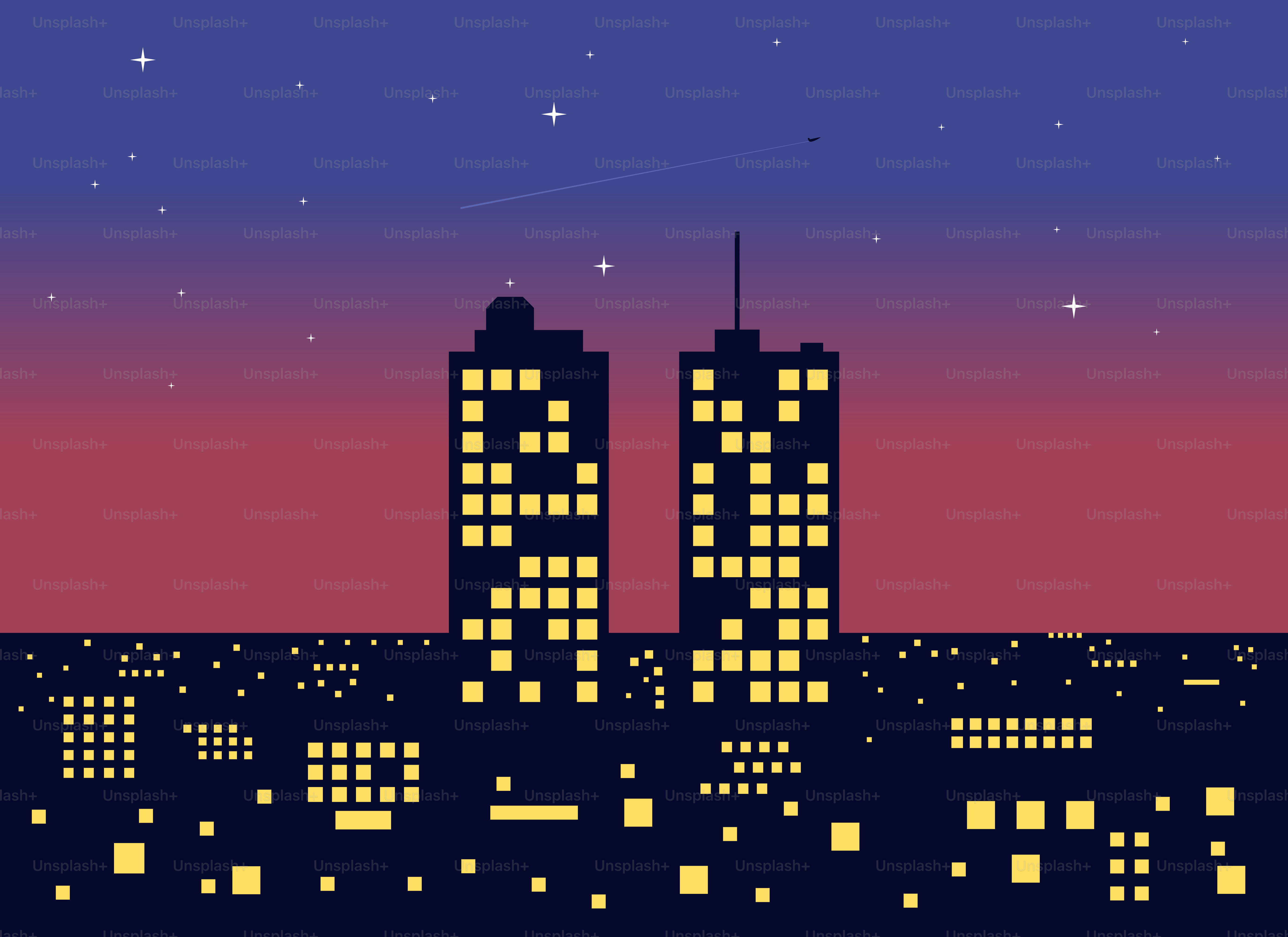 Pixelated city skyline at dusk with lit windows.