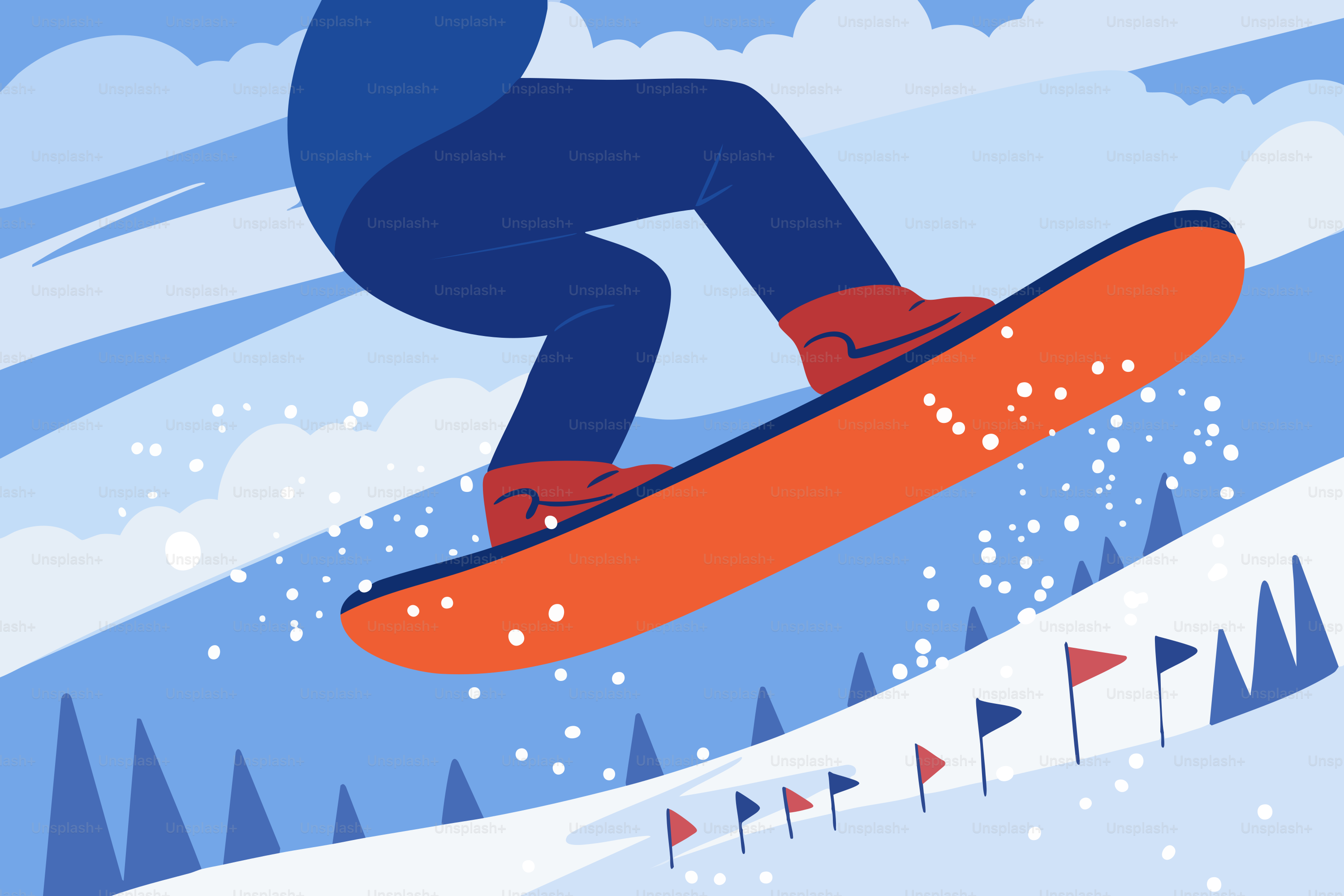 Snowboarder jumping over snowy slope with flags