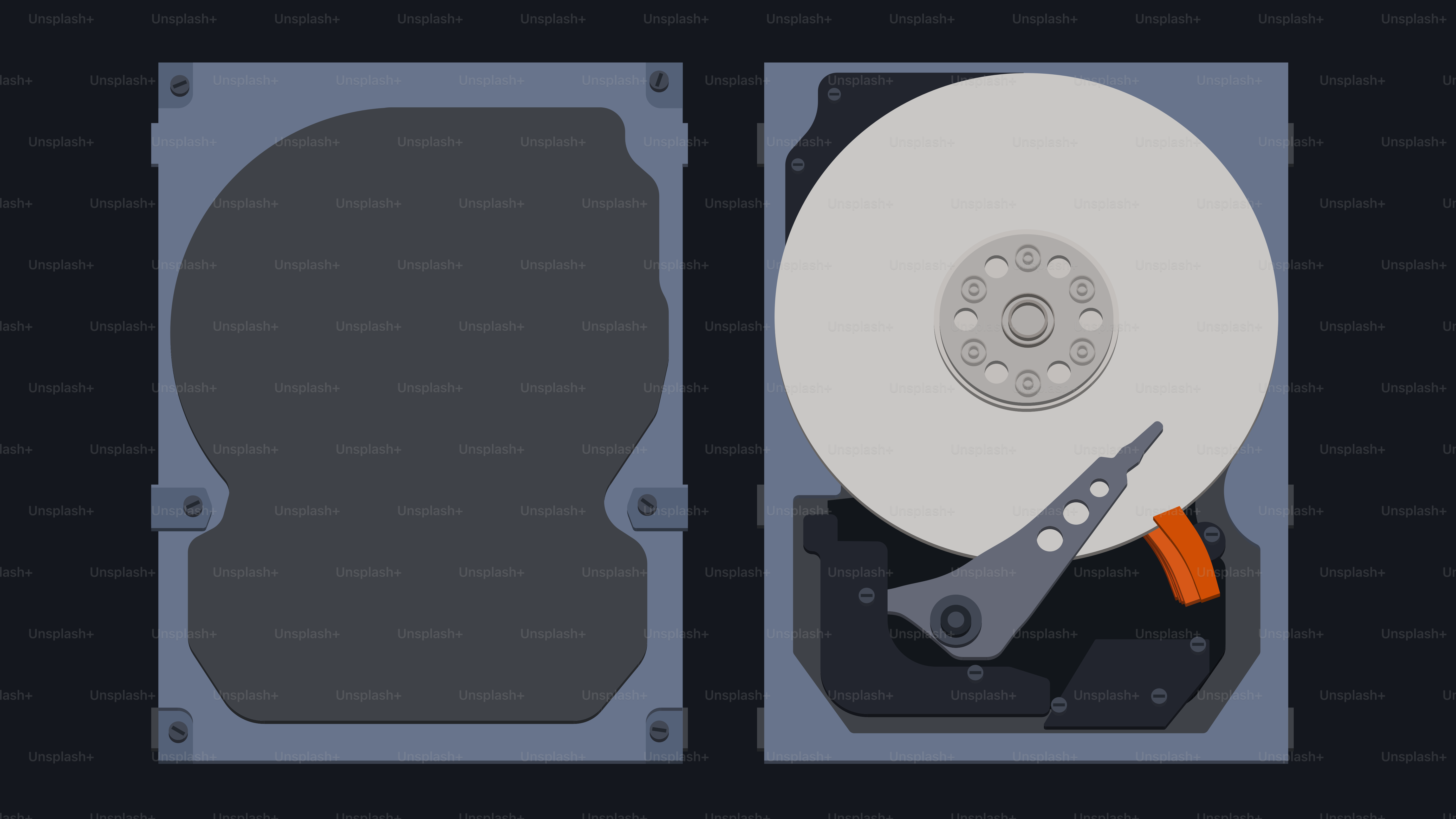 Two computer hard drives, one closed, one open.