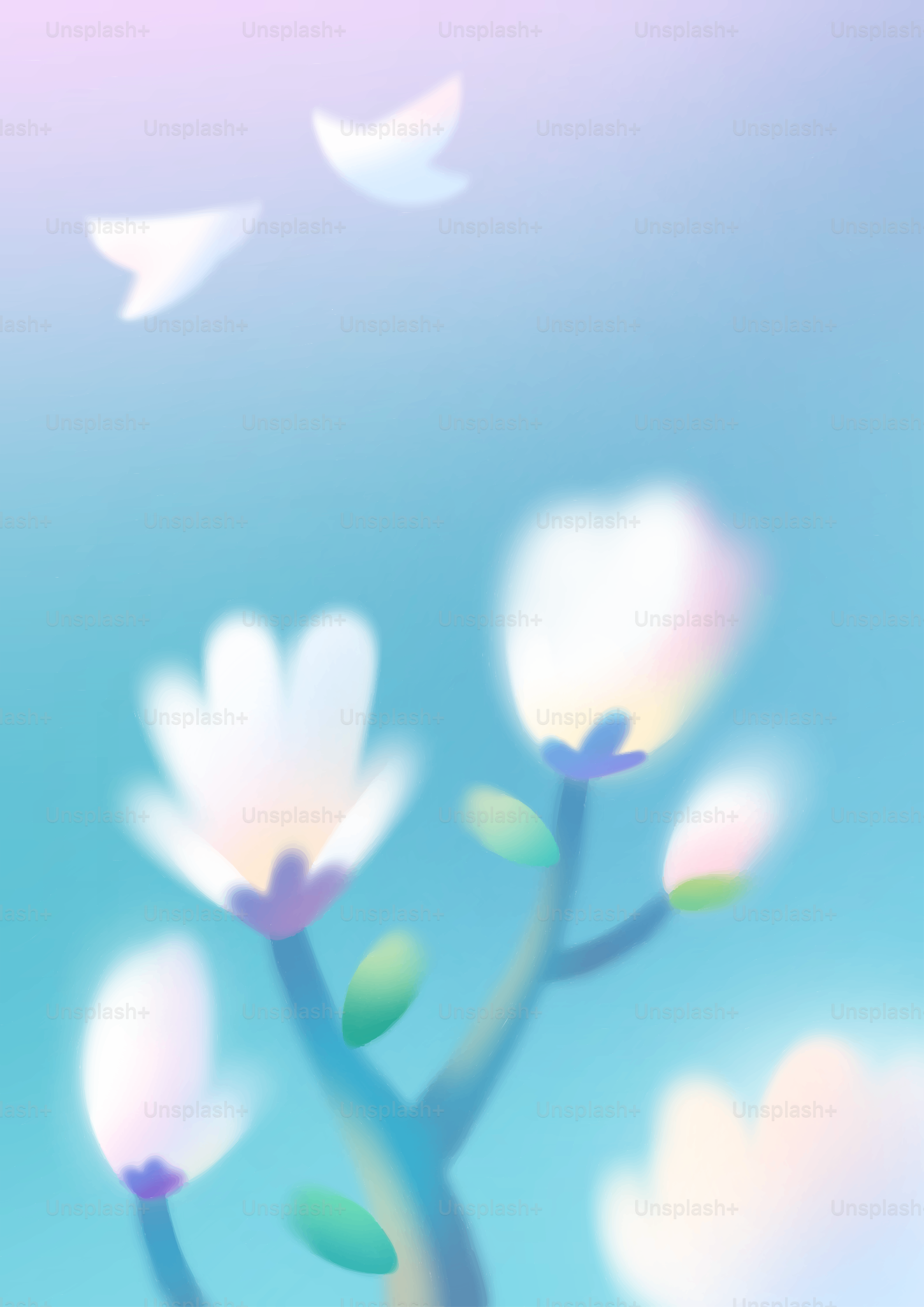 Soft focus white flowers against a pastel blue sky.