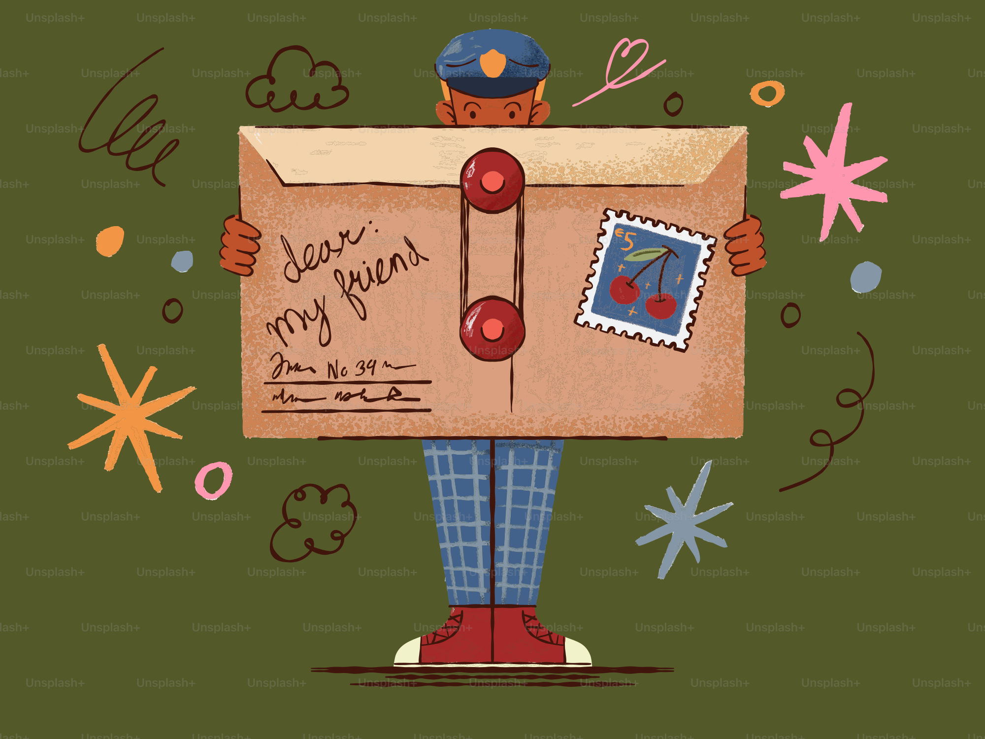 Postman holding a large envelope with stamps