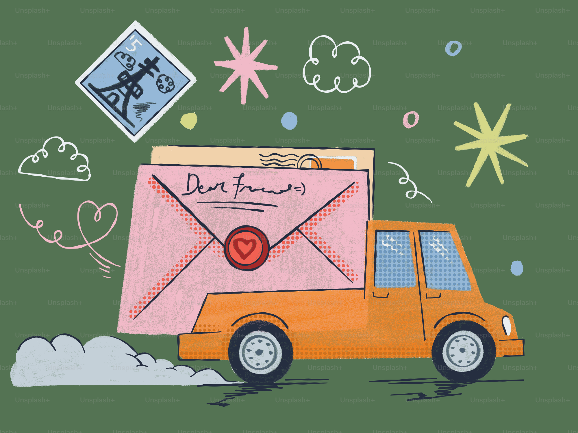 Orange truck carrying large pink envelope with "dear friends"