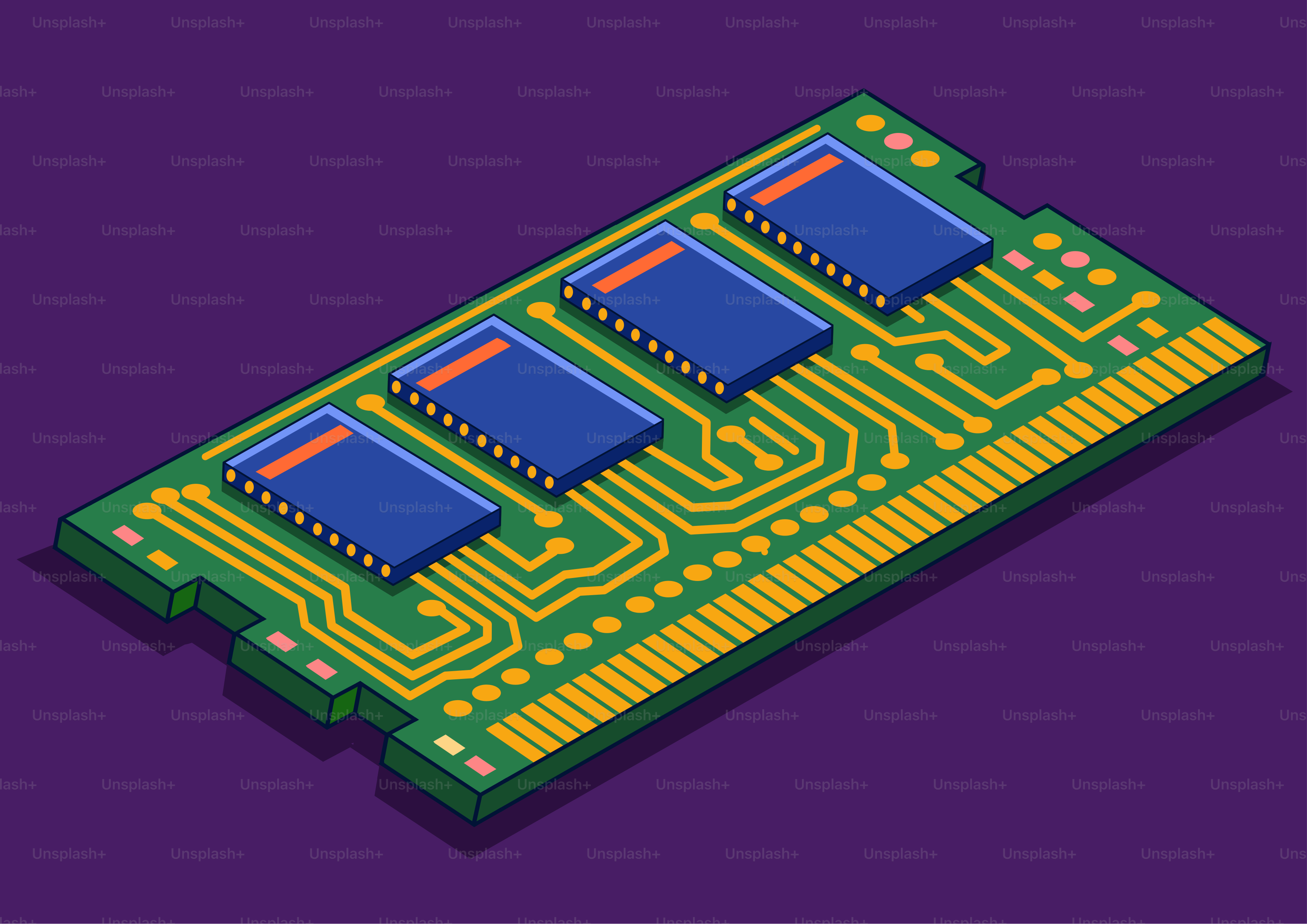Computer ram module with blue chips on circuit board