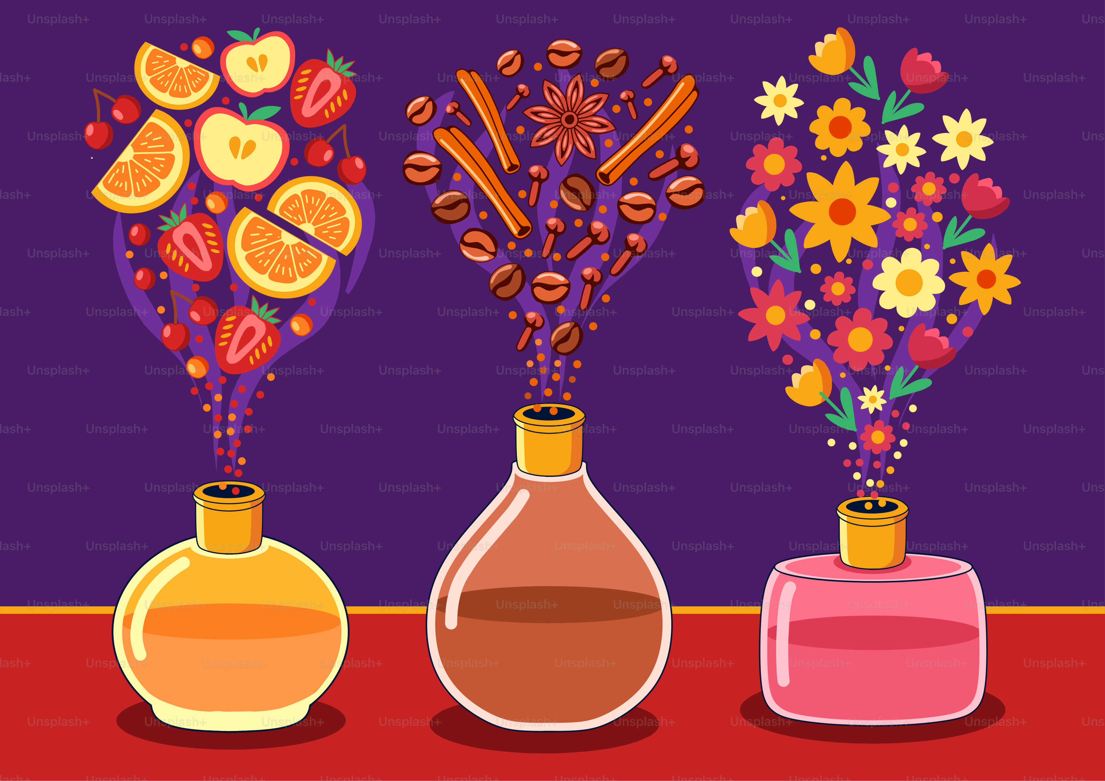 Three perfume bottles with fruit, spices, and flowers emerging.