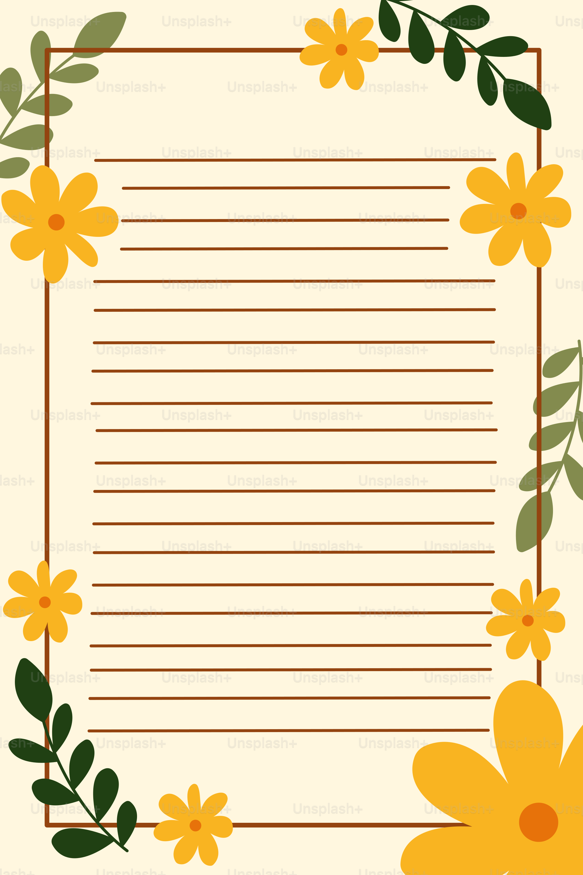 Lined paper with yellow flowers and green leaves