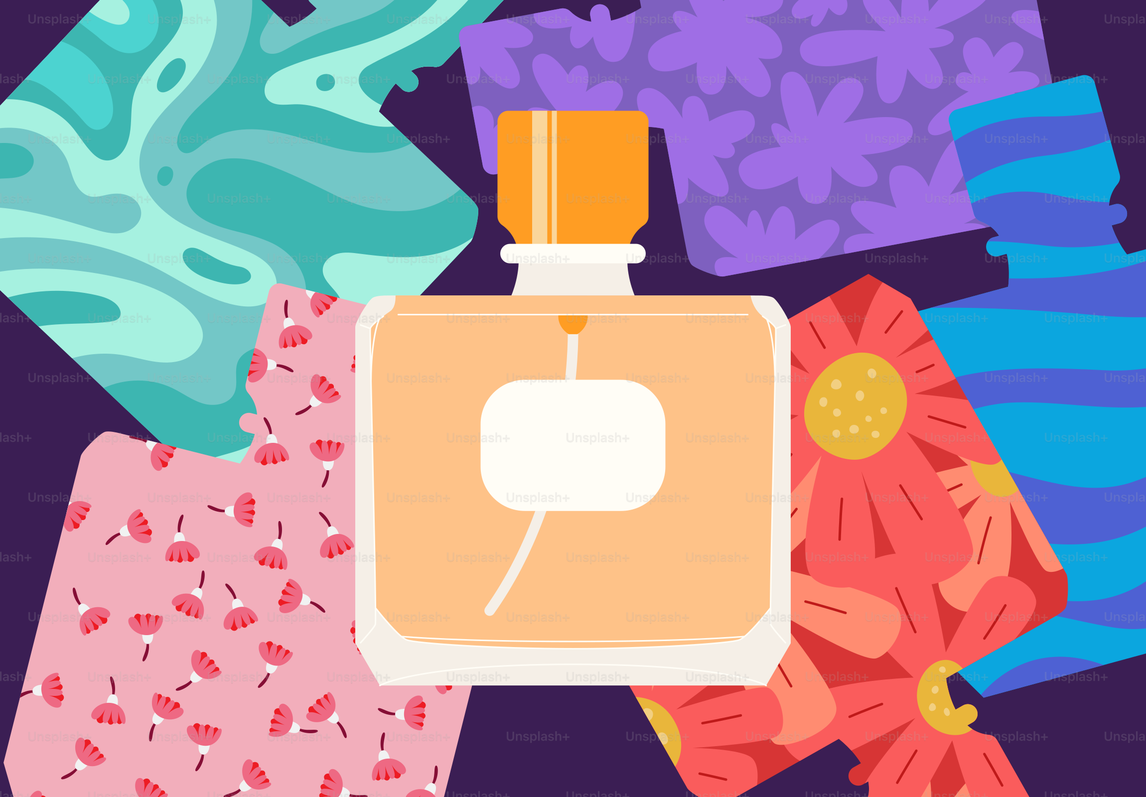 Bouteille de parfum entourée de formes abstraites colorées