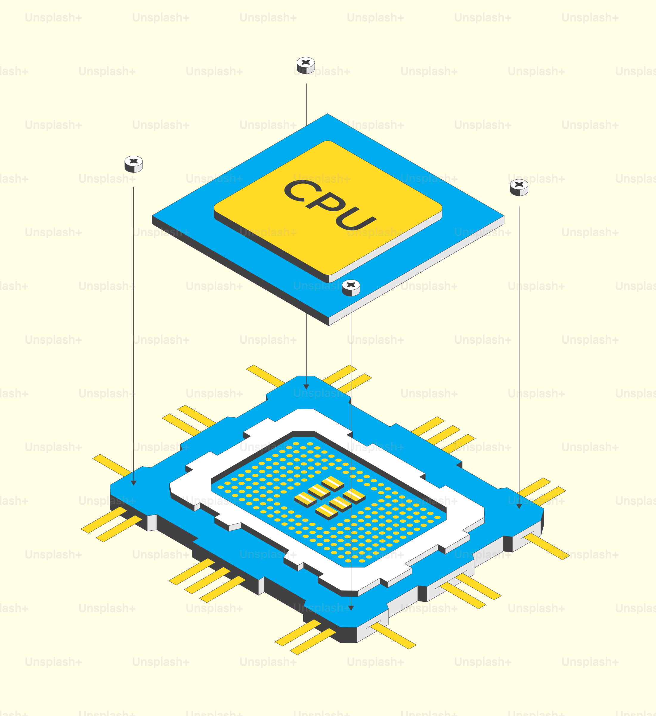 Vue explosive d’un processeur et d’une carte mère d’ordinateur