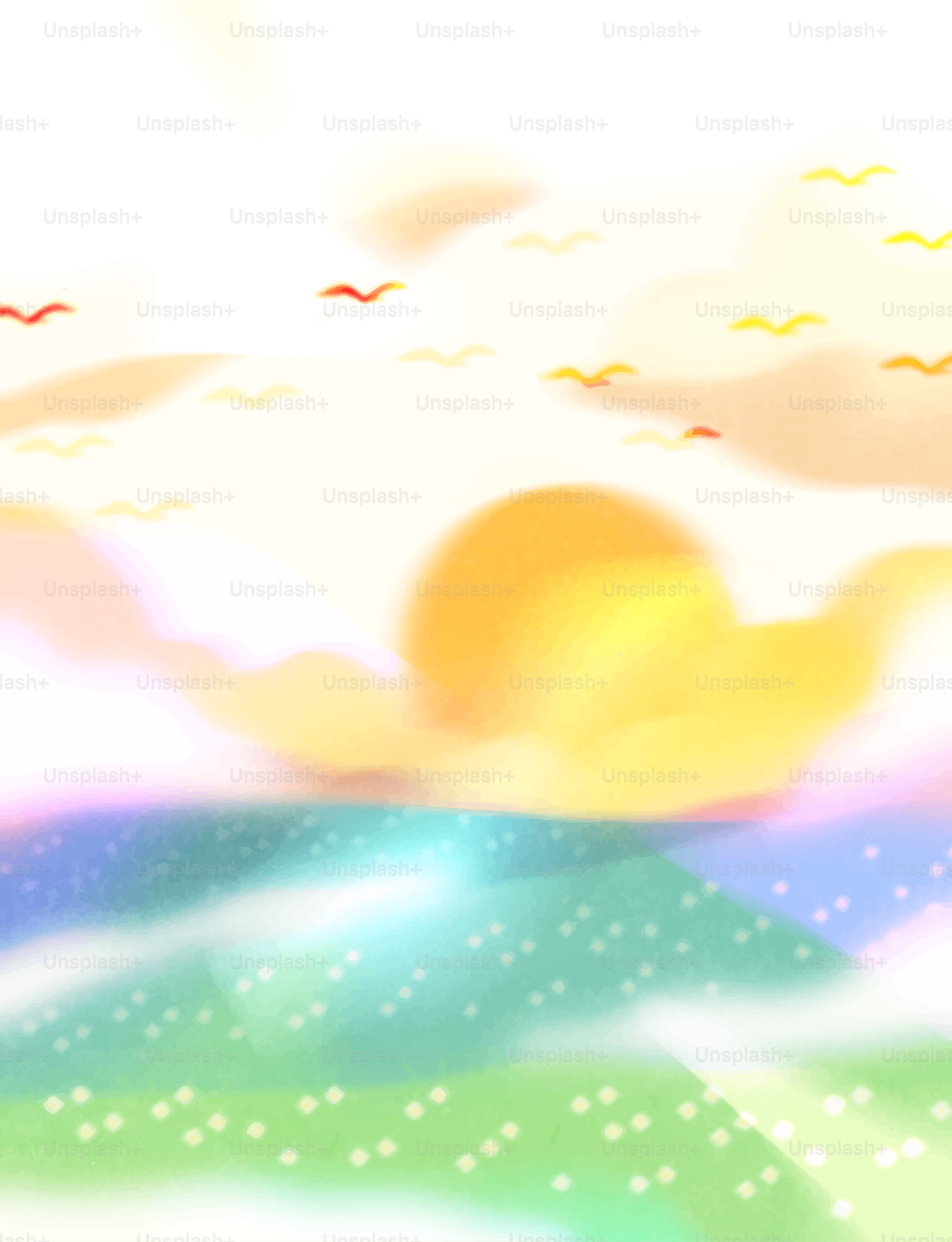 Sunrise over a colorful, abstract ocean with birds.