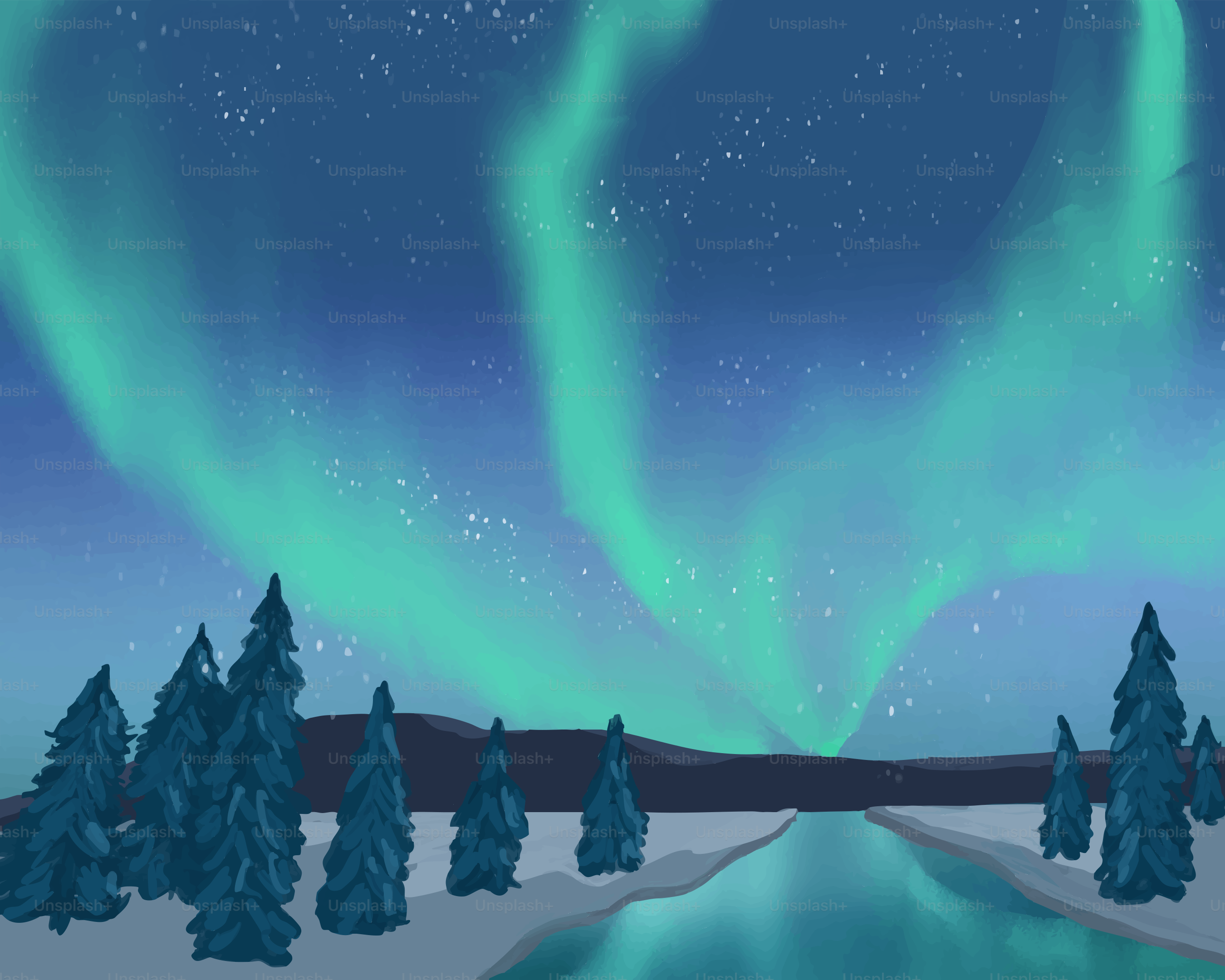 Green aurora borealis over a snowy landscape.