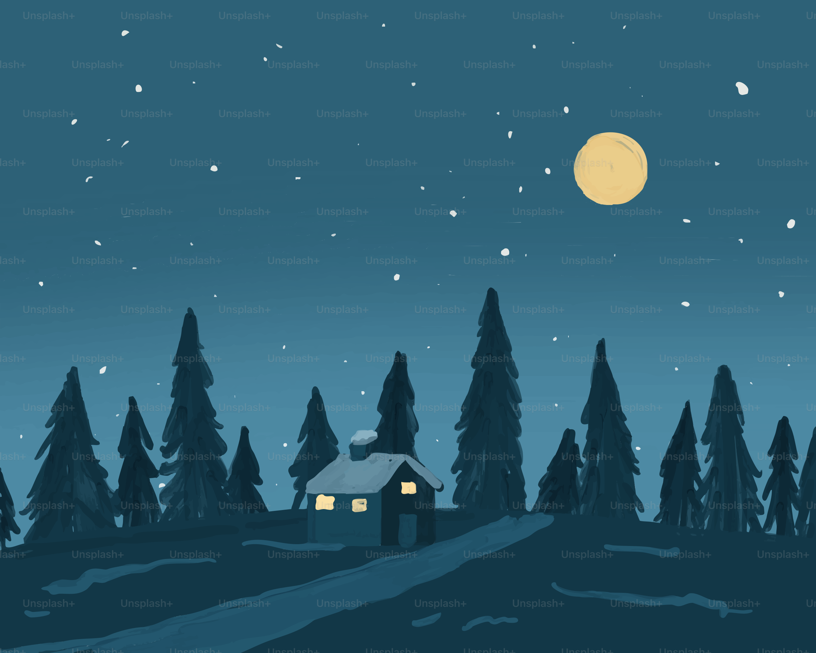 Una baita accogliente in una foresta innevata di notte.