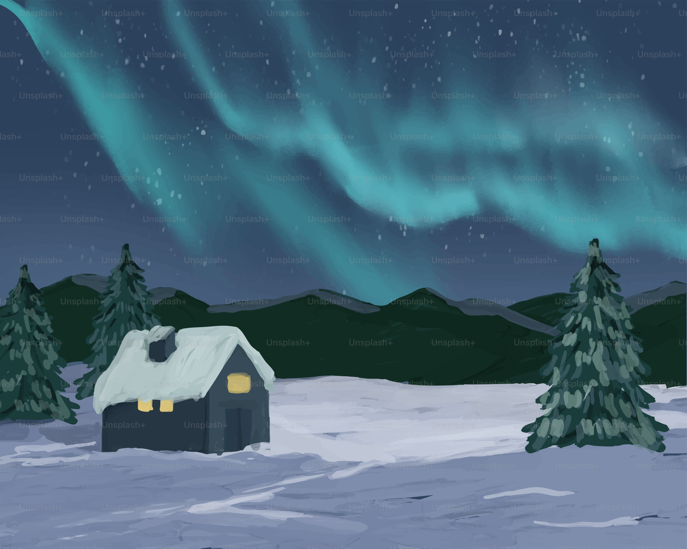 Aurore boréale au-dessus d’une cabane enneigée et d’arbres
