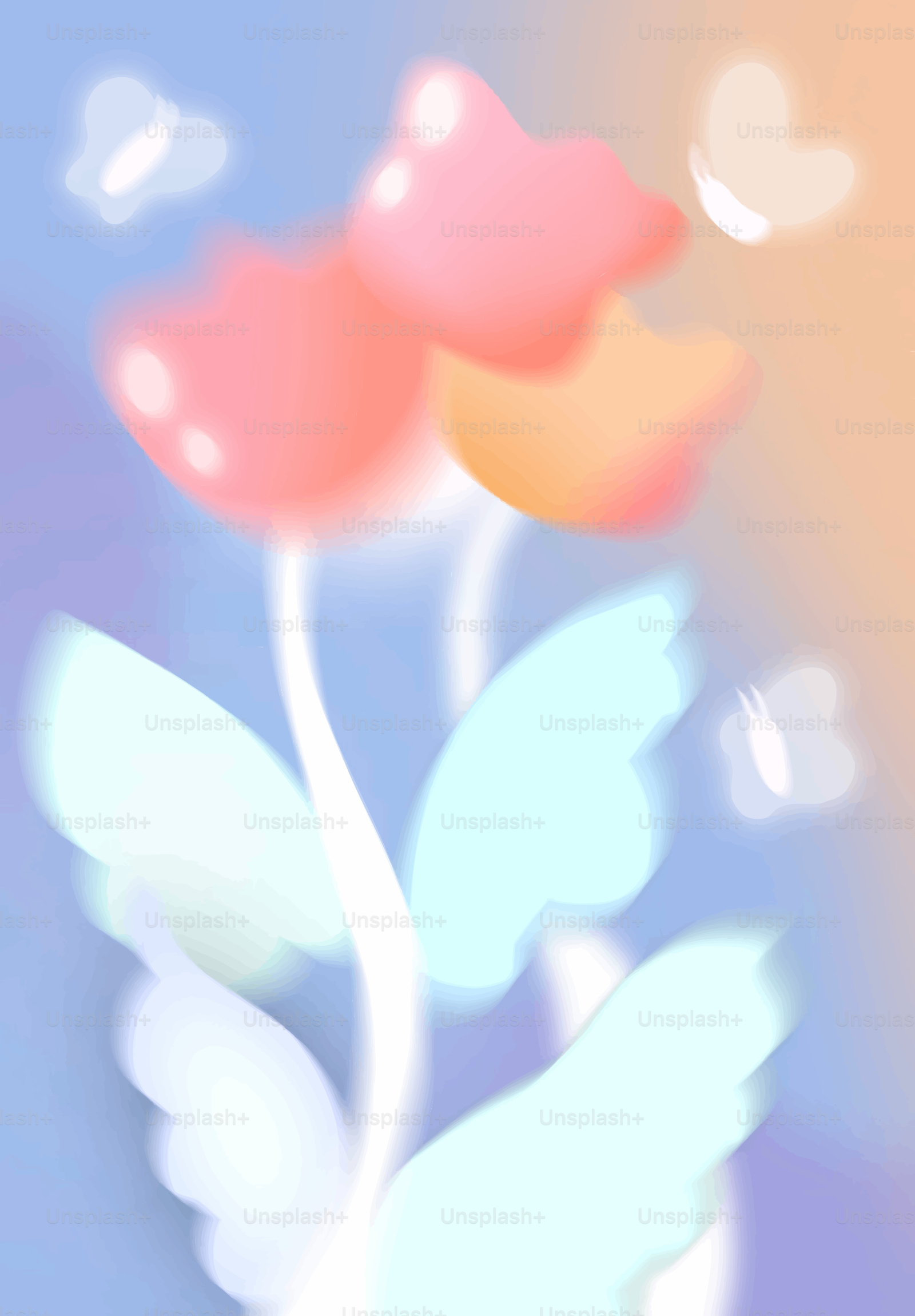Tulipanes de enfoque suave con mariposas sobre fondo pastel