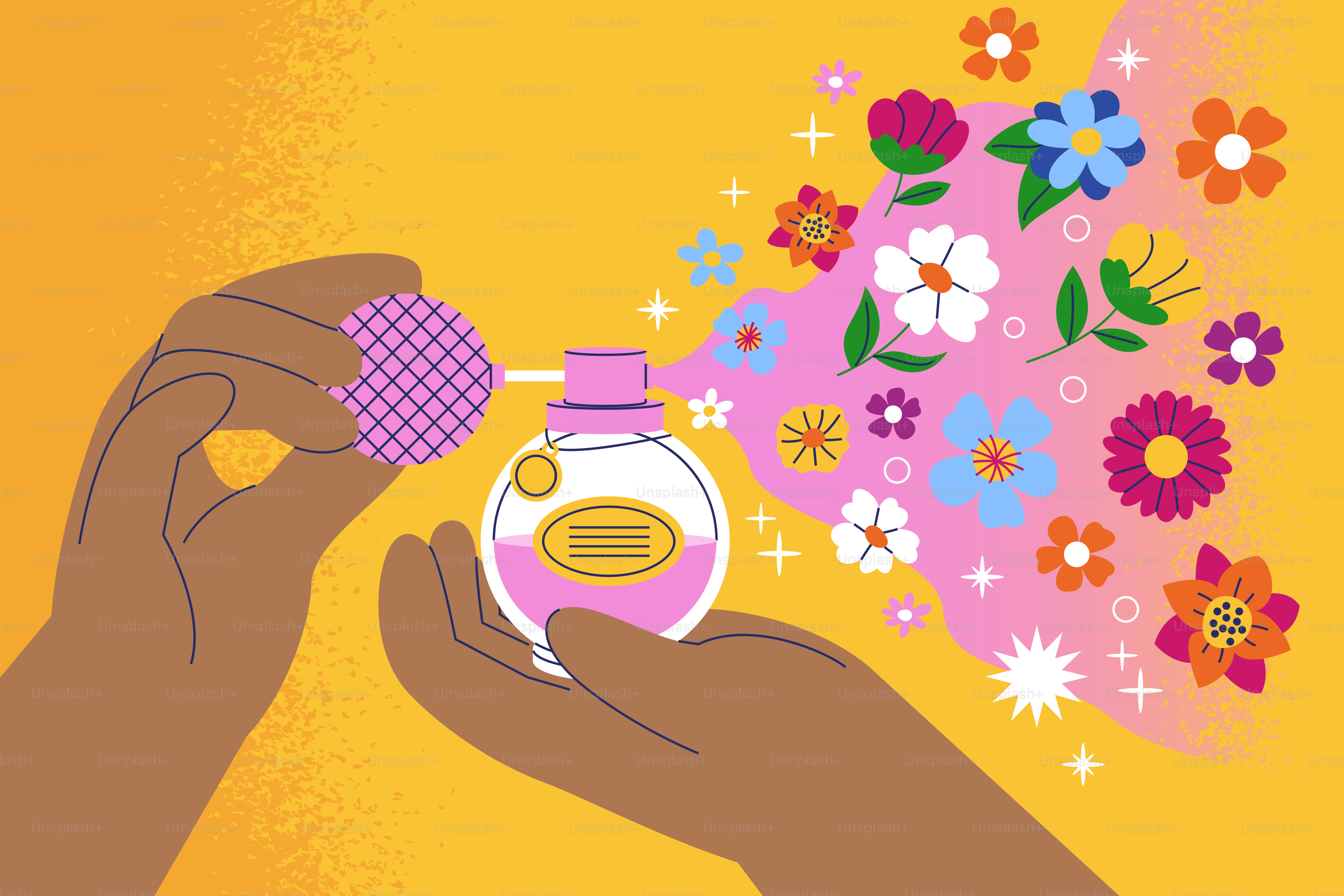 Hands spraying perfume with colorful flowers emerging