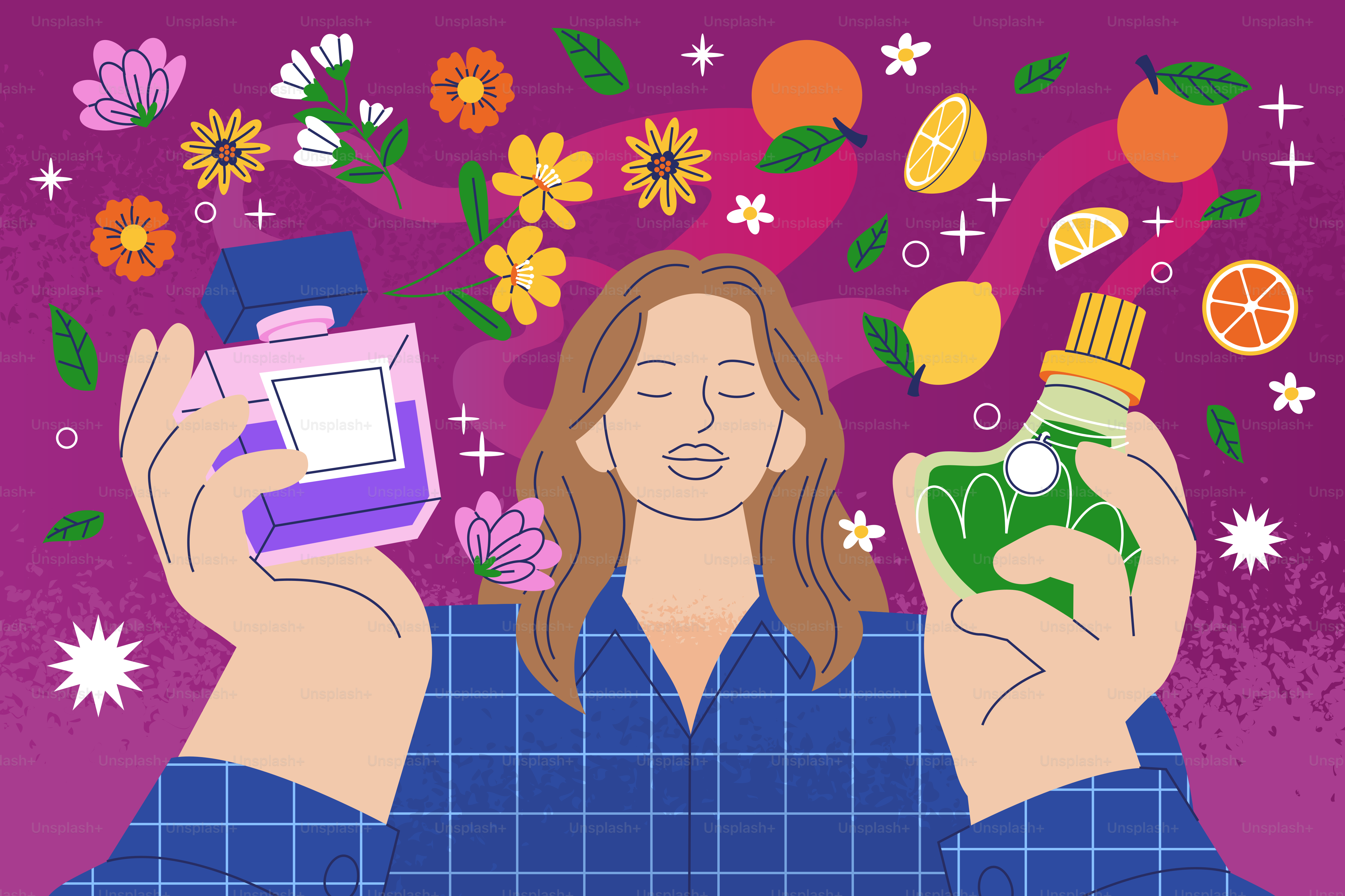 Woman holding perfume bottles with flowers and fruit