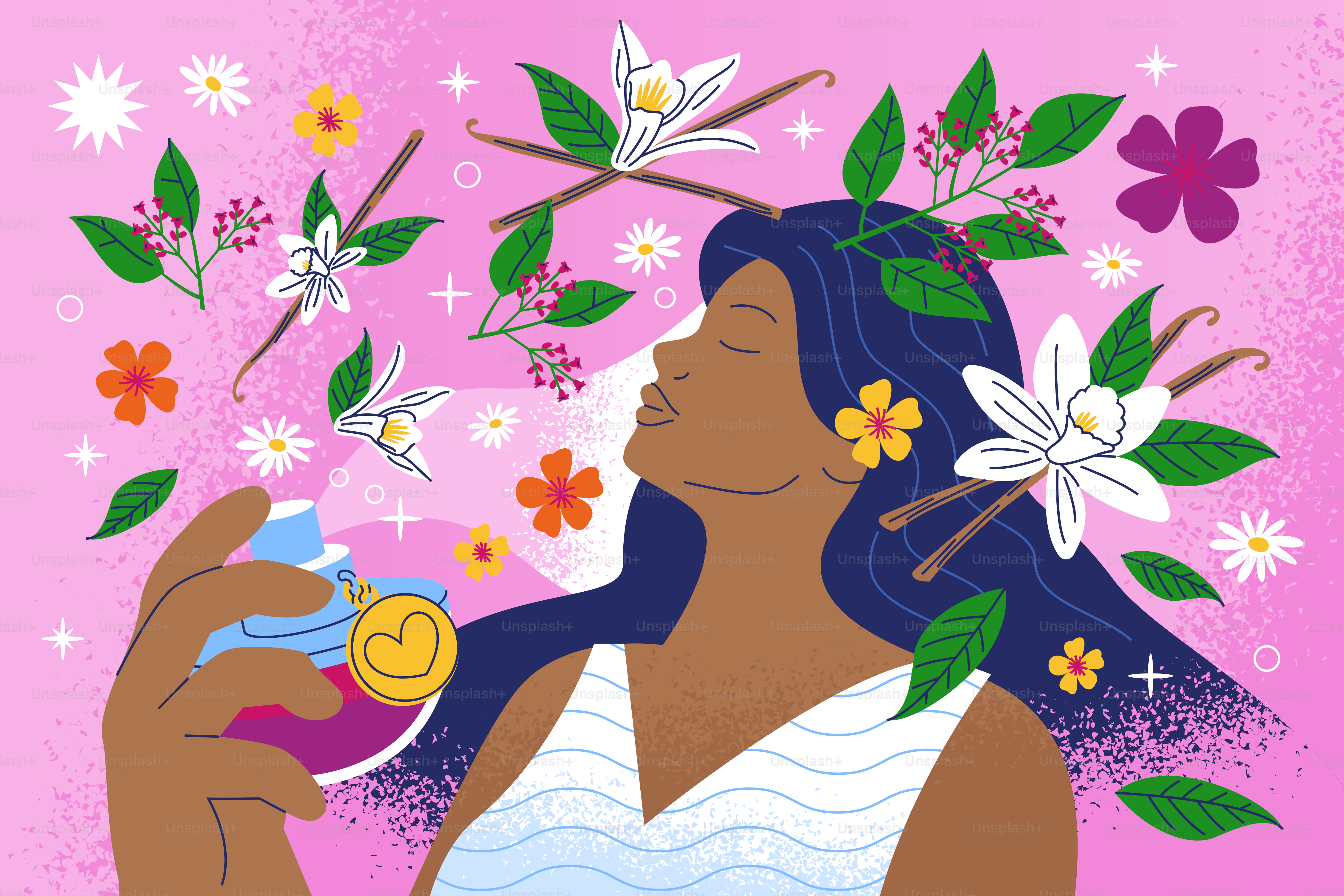 Woman smelling perfume surrounded by flowers and vanilla beans