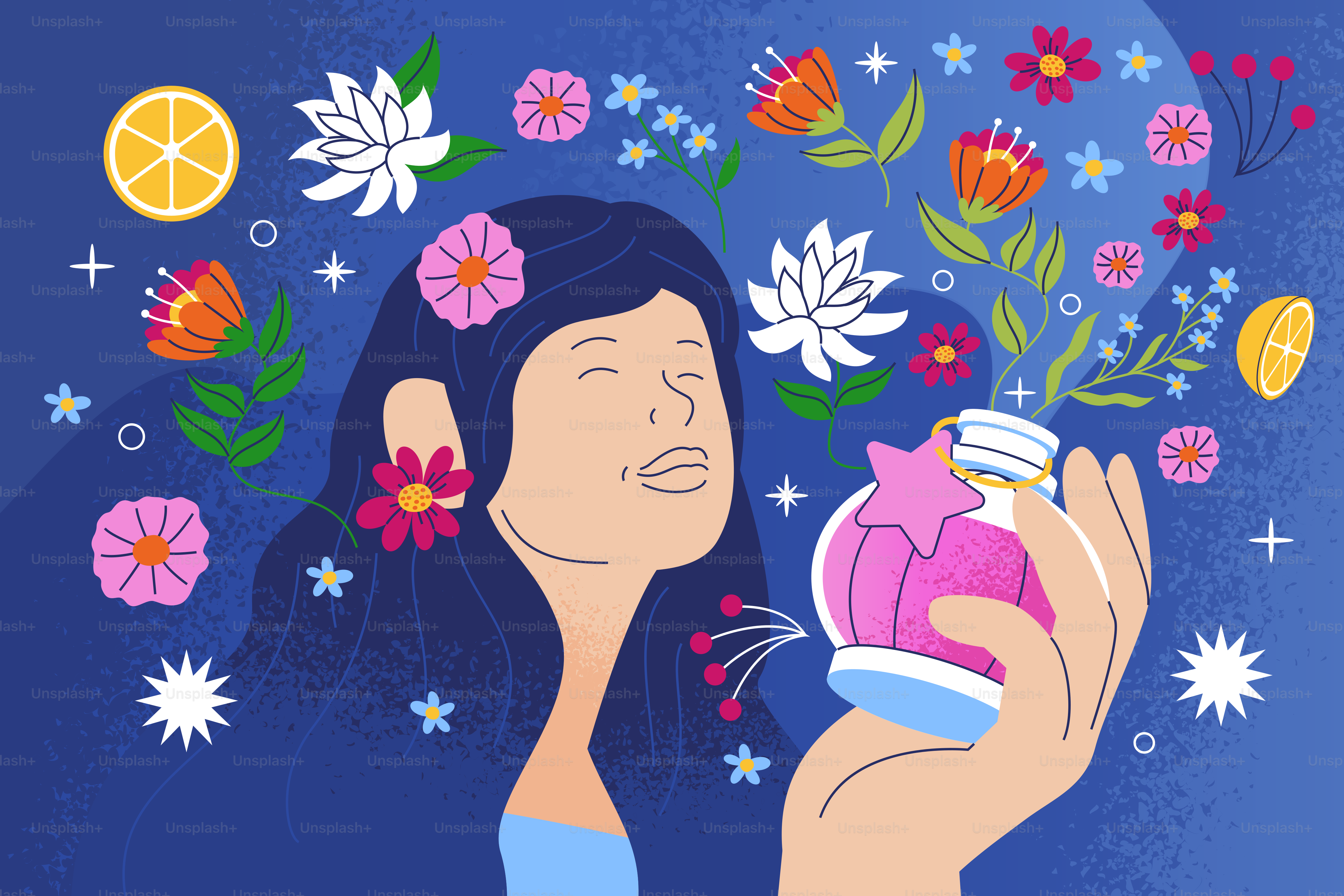 Woman smelling perfume surrounded by flowers and citrus.