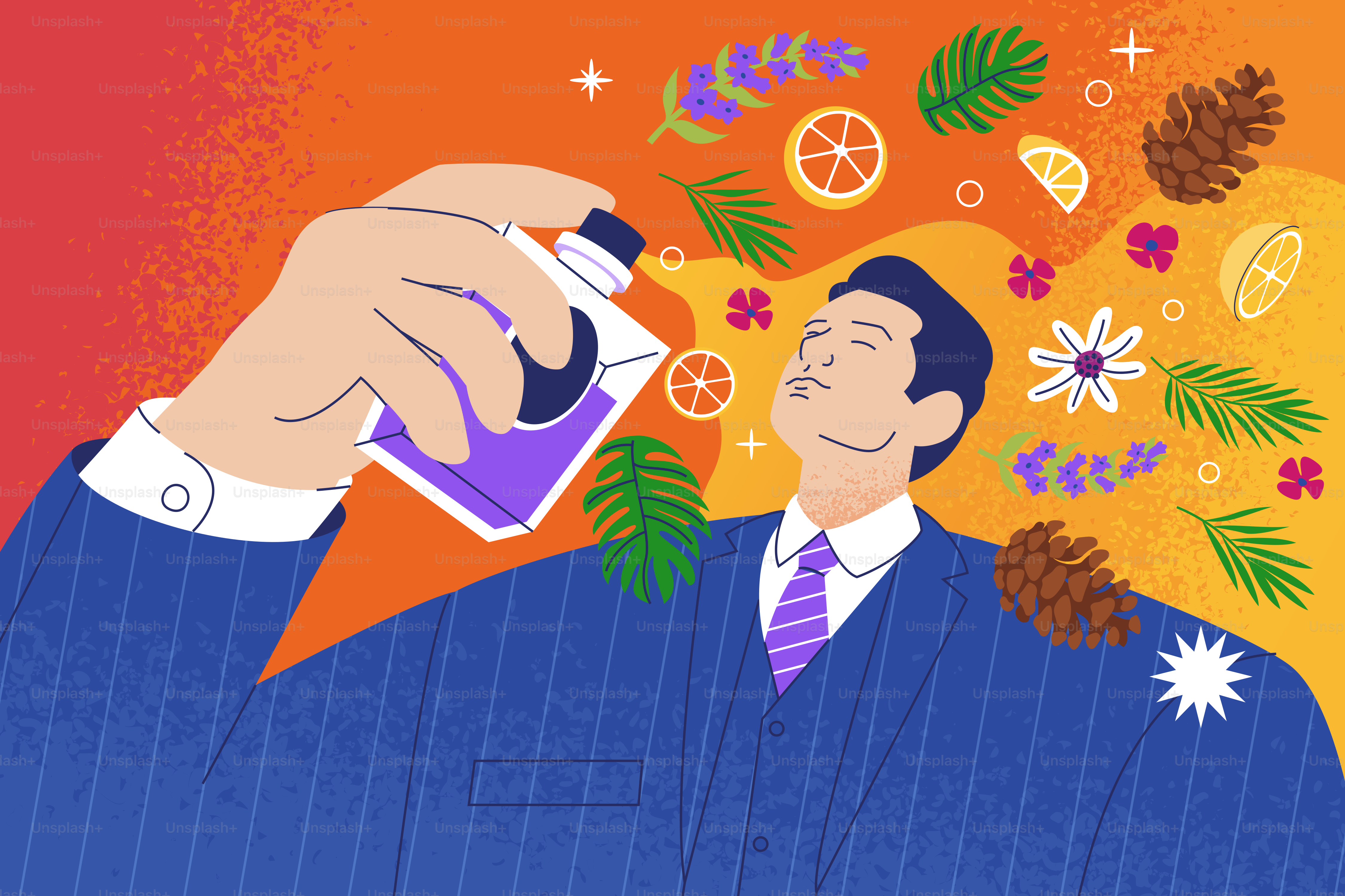 Man spraying perfume with natural scents floating around