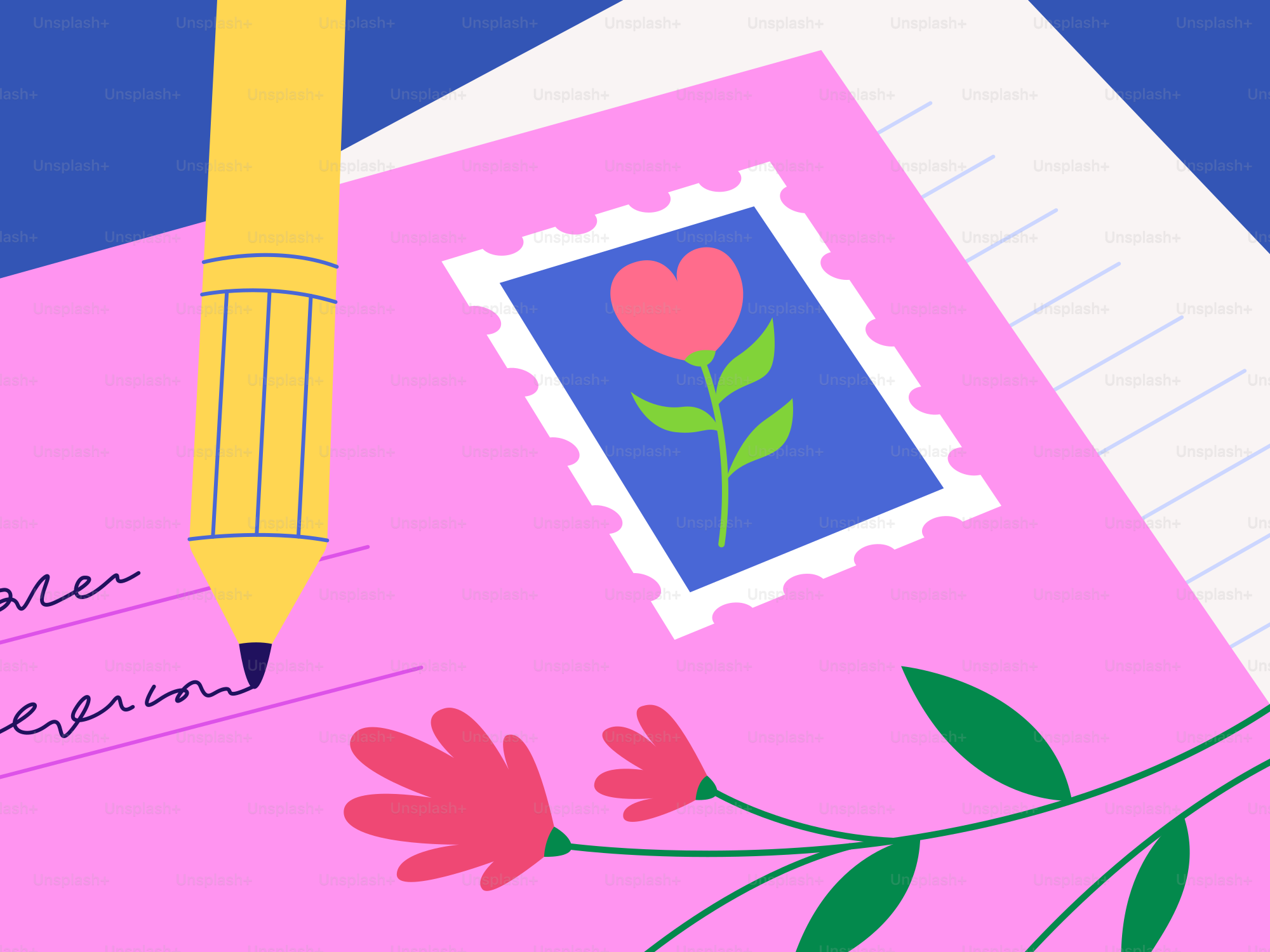 Um lápis amarelo escrevendo em papel rosa com um carimbo.