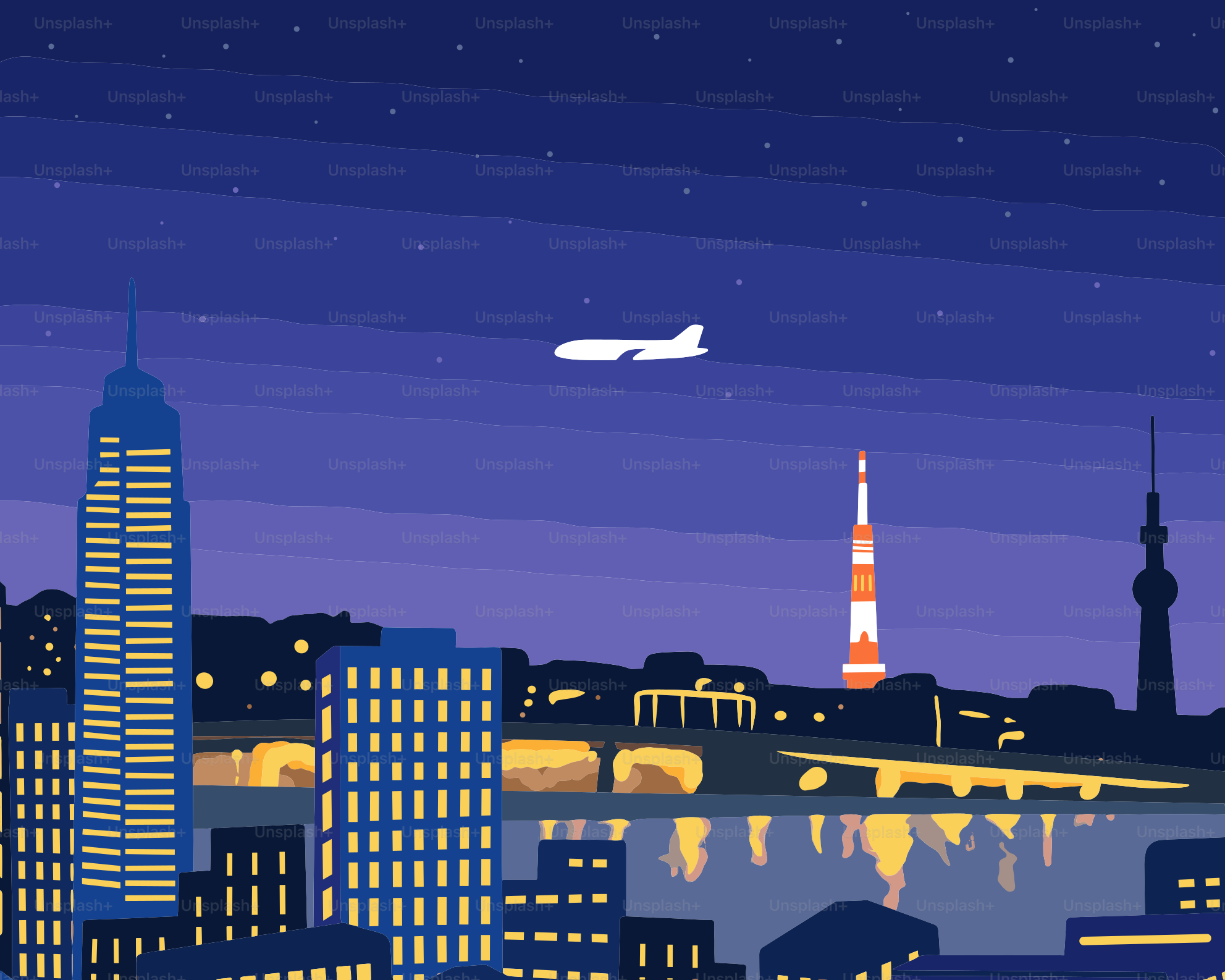 Airplane flies over a city skyline at night.