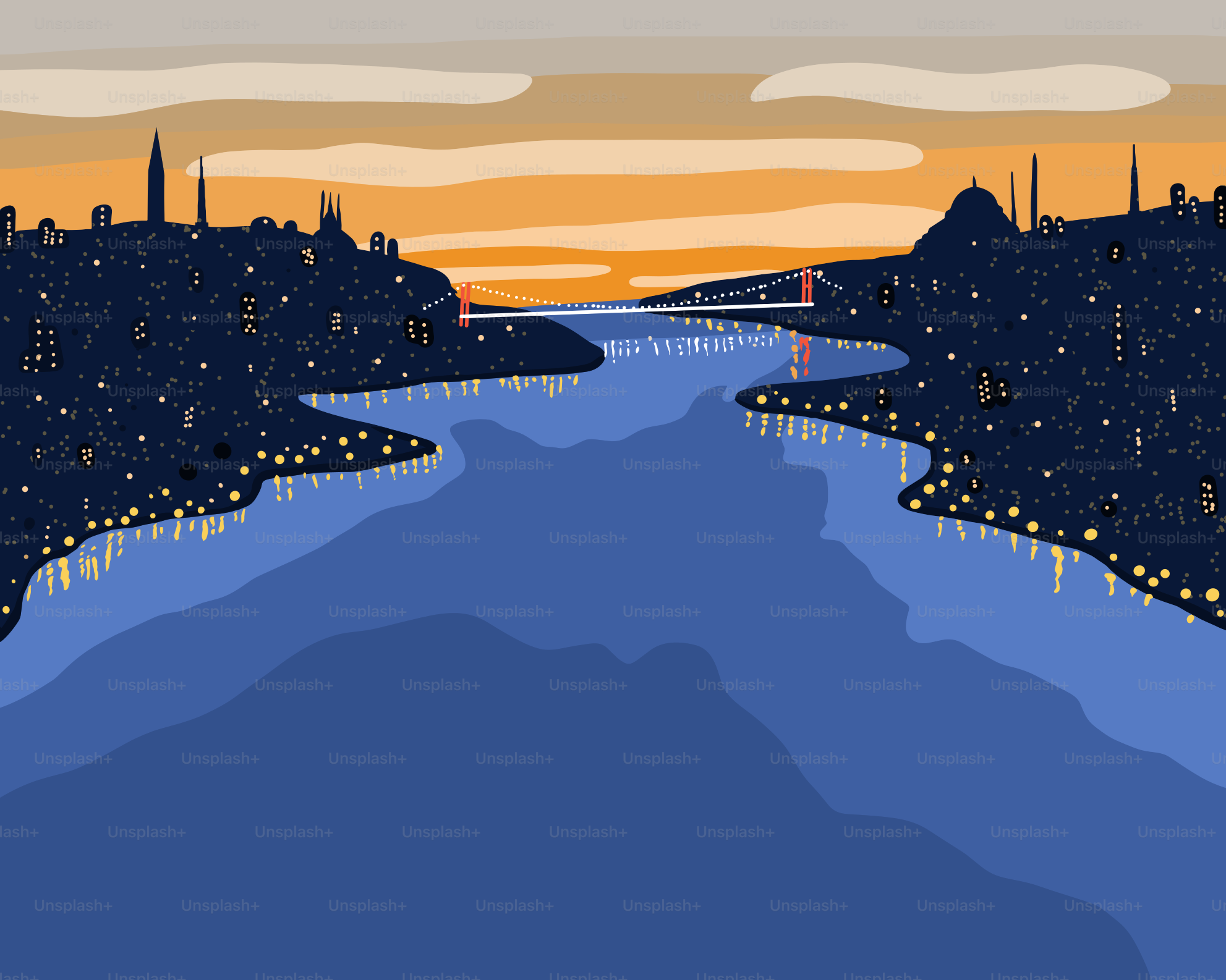 City skyline with river at sunset