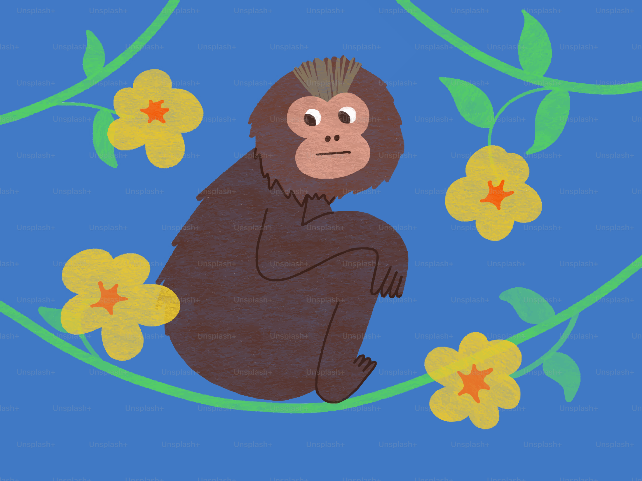 Seekor monyet duduk di cabang dengan bunga kuning.