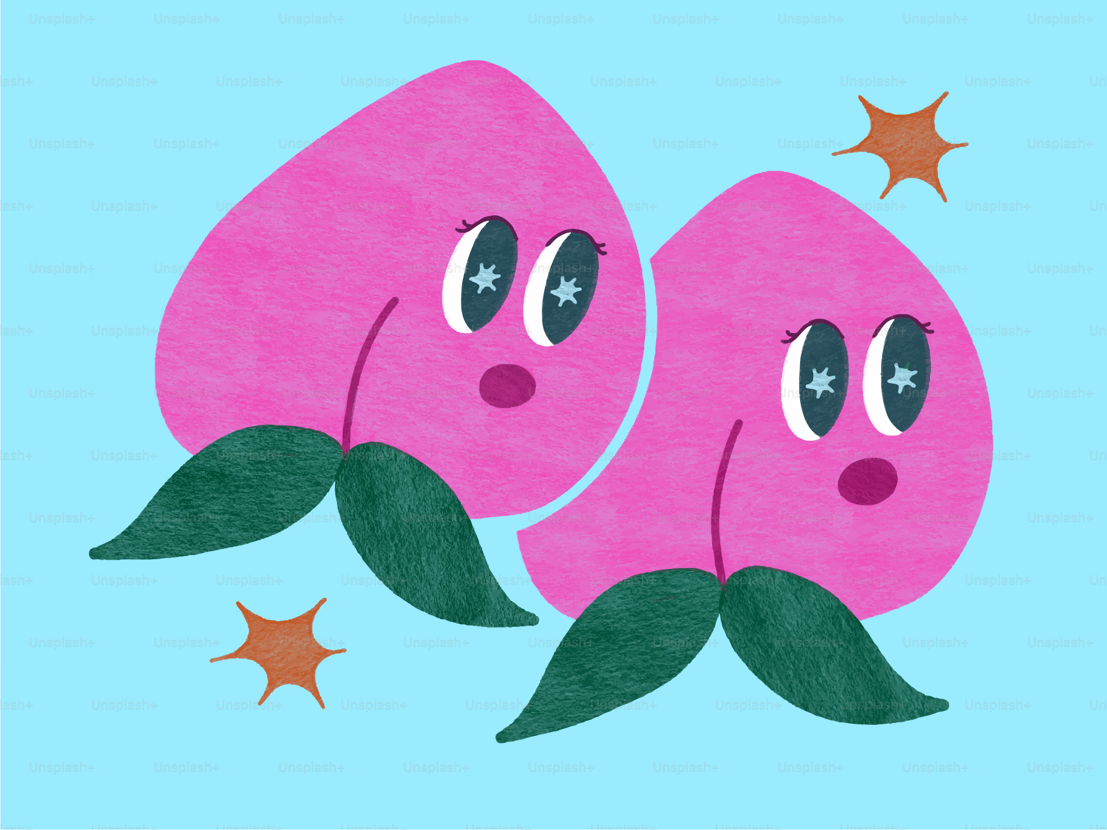 Two cartoon peaches with eyes and mustaches