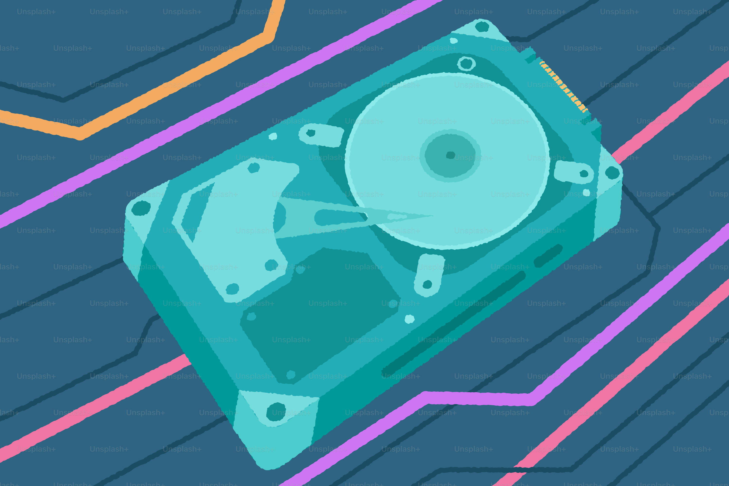 A teal hard drive with circuit board background