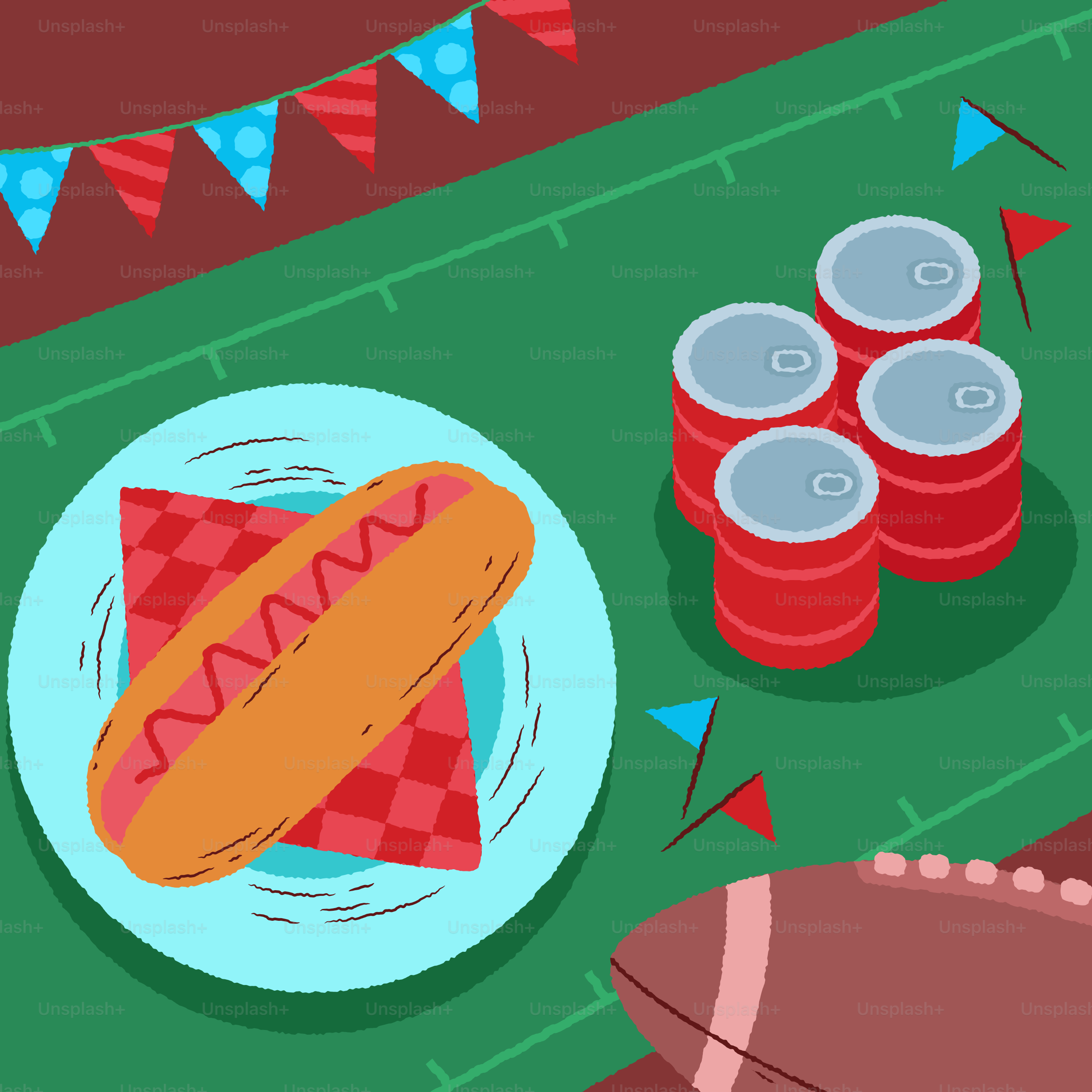 Hot dog and drinks on a football field