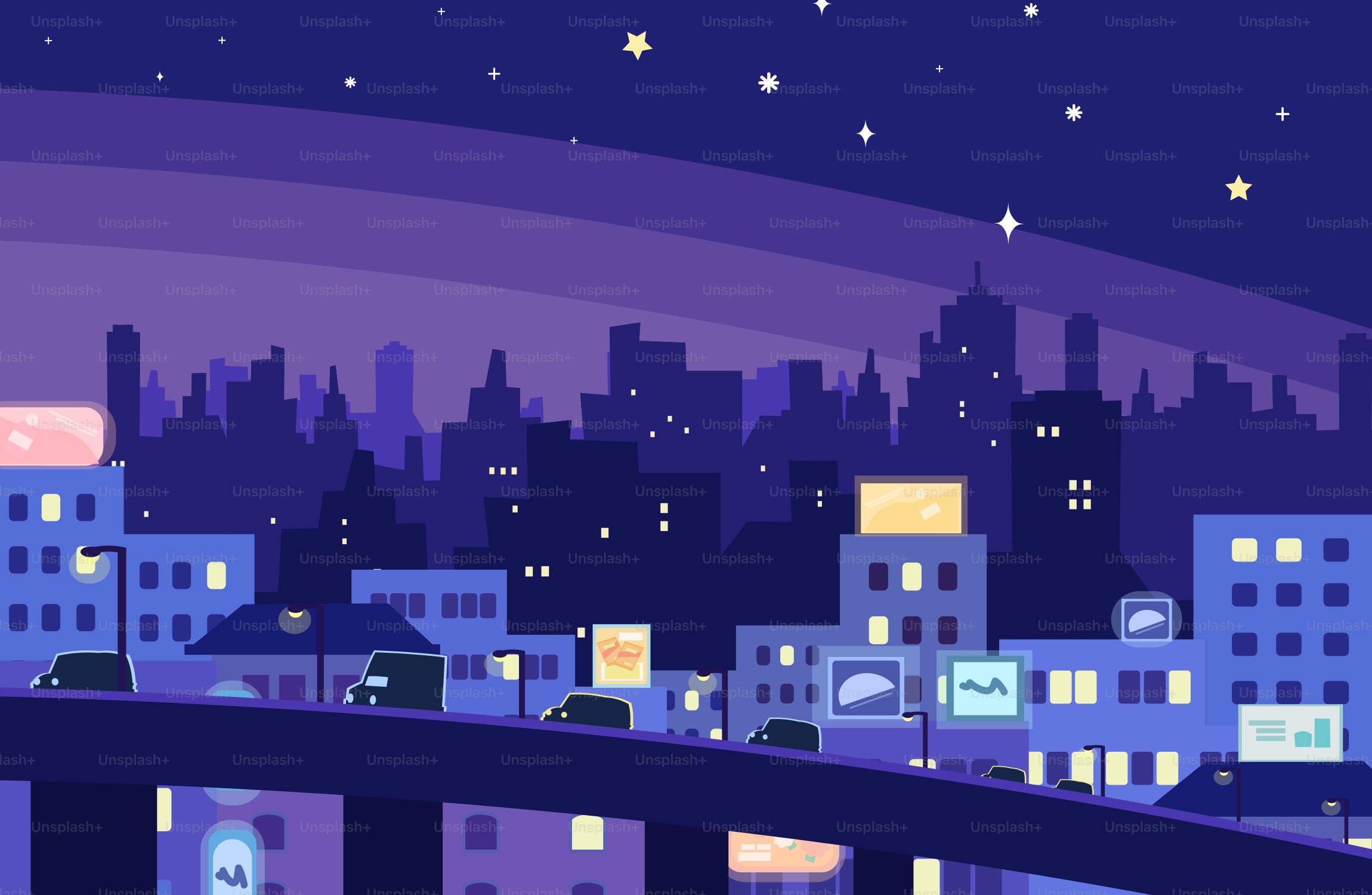 City skyline at night with stars in the sky.