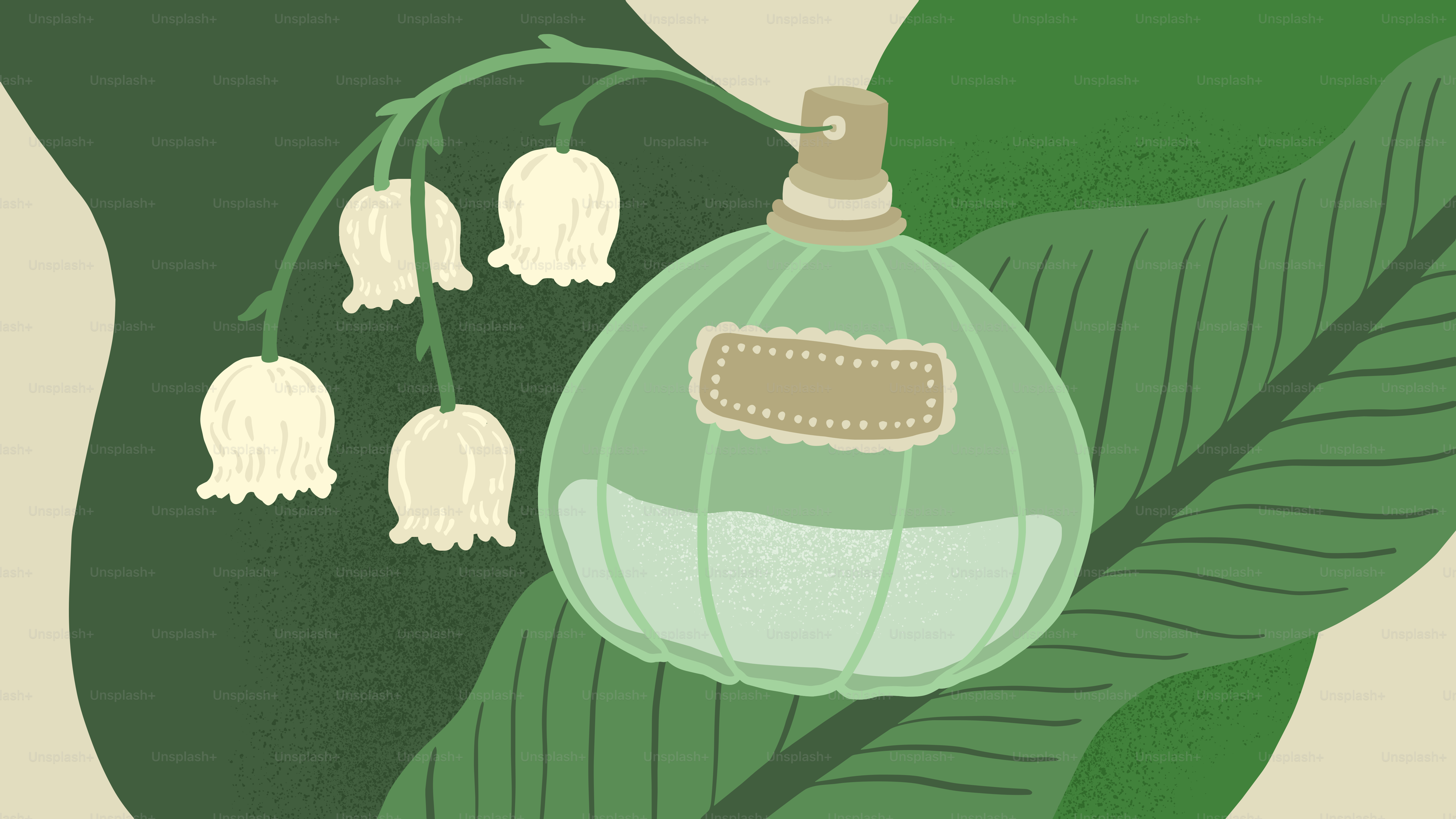 A green perfume bottle with lily of the valley flowers.