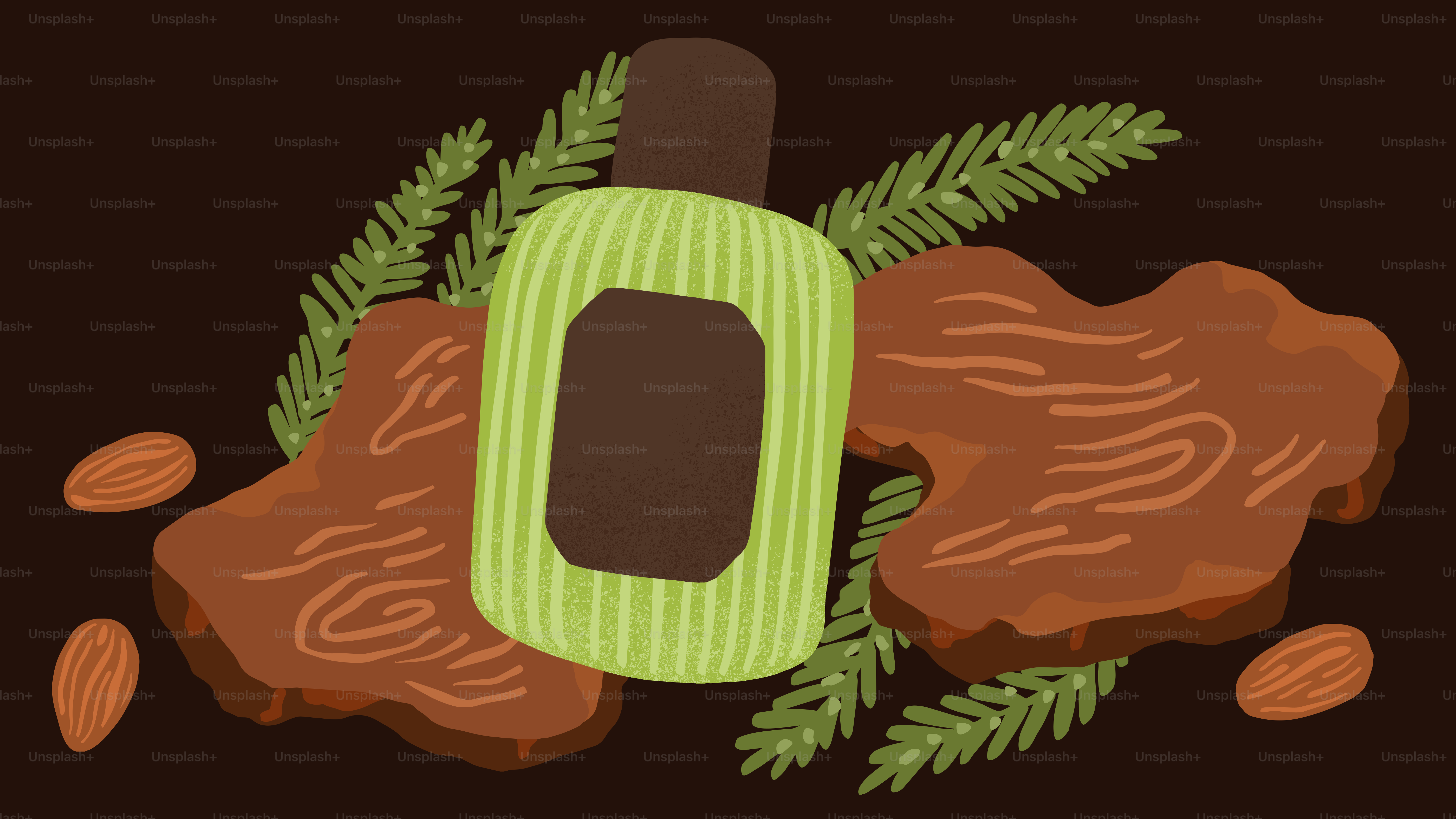 Green bottle with natural elements and almonds