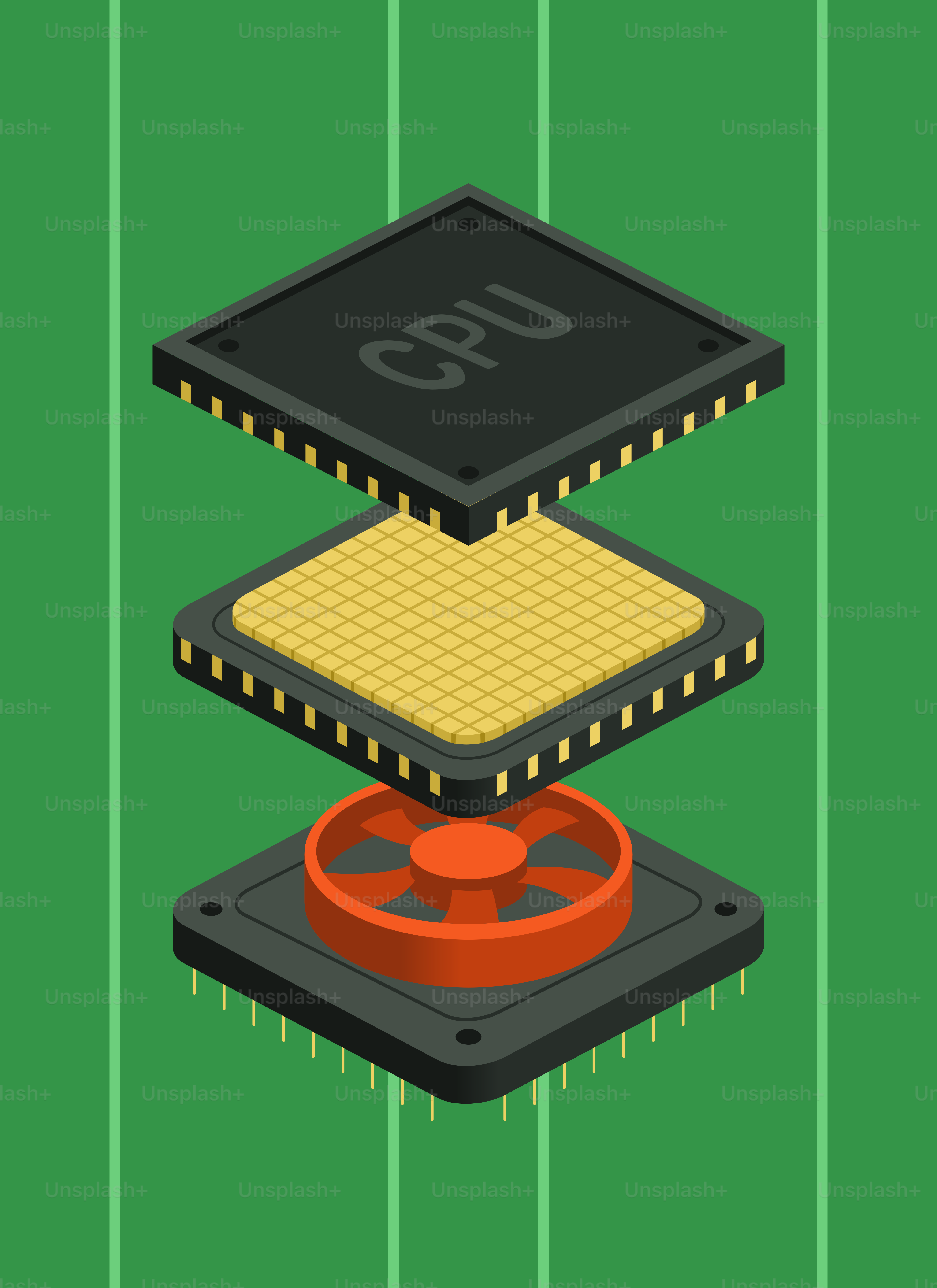 Exploded view of a computer cpu cooler and processor